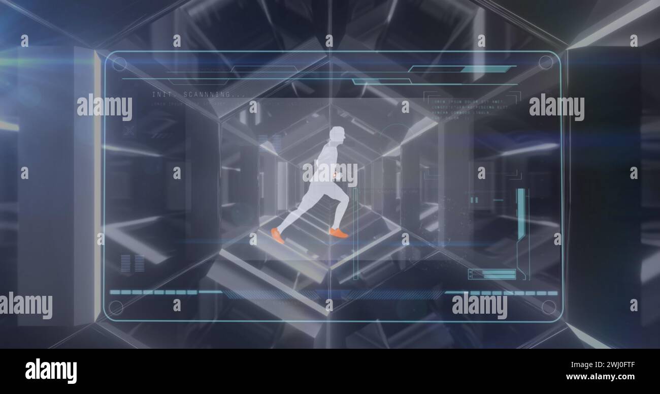 Image of icons and scanner processing data over digital athlete running ...