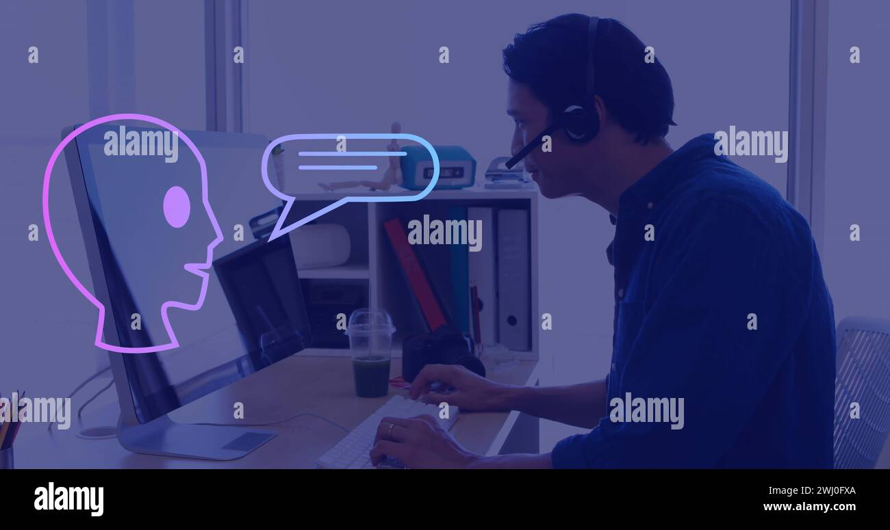 Image of ai text, icons and data processing over asian man using computer Stock Photo