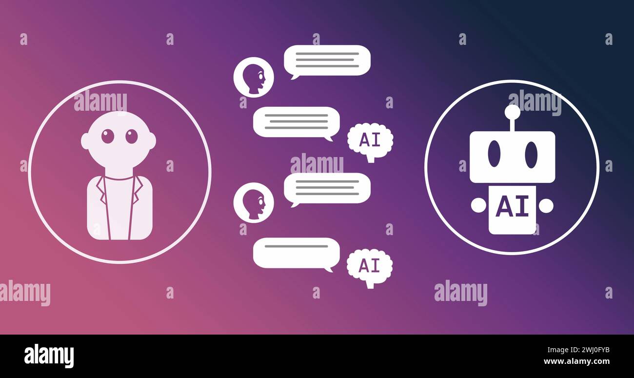 Image of ai text, icons and data processing over purple background Stock Photo