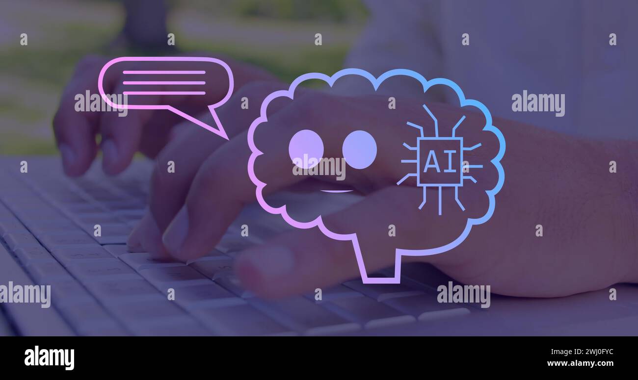 Image of ai text, icons and data processing over caucasian man using laptop Stock Photo
