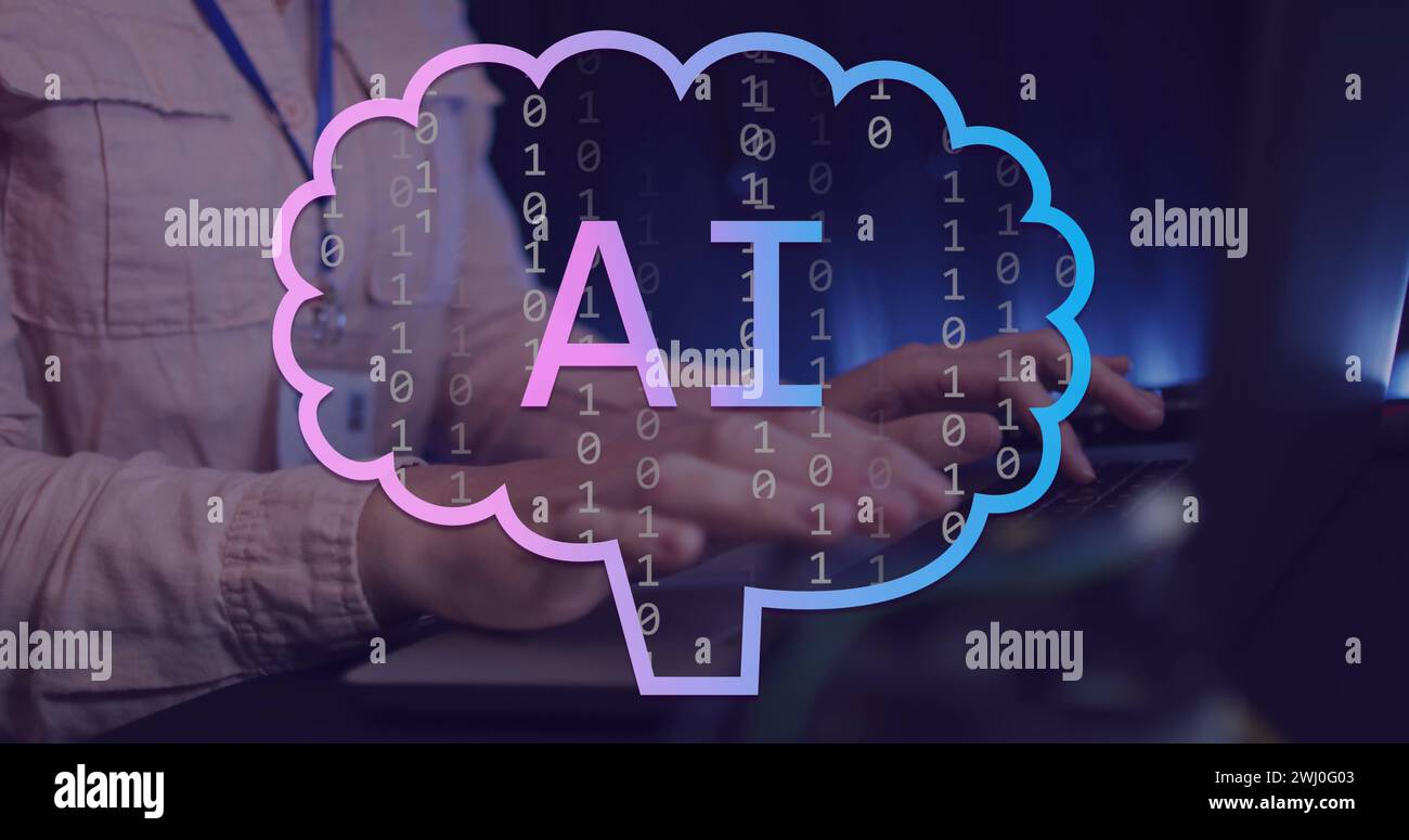 Image of ai text, icons and data processing over caucasian woman using computer Stock Photo