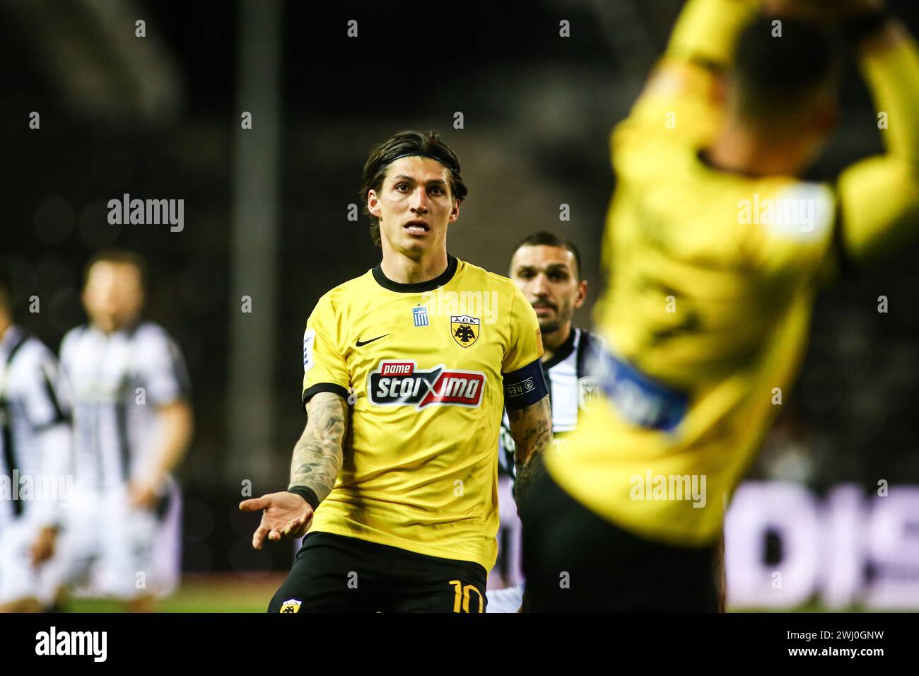 February 11, 2024: AEK's Steven Zuber in action Greek superleague soccer match between PAOK FC and AEK FC. The game ended 1-1. (Credit Image: © Giannis Papanikos/ZUMA Press Wire) EDITORIAL USAGE ONLY! Not for Commercial USAGE! Stock Photo