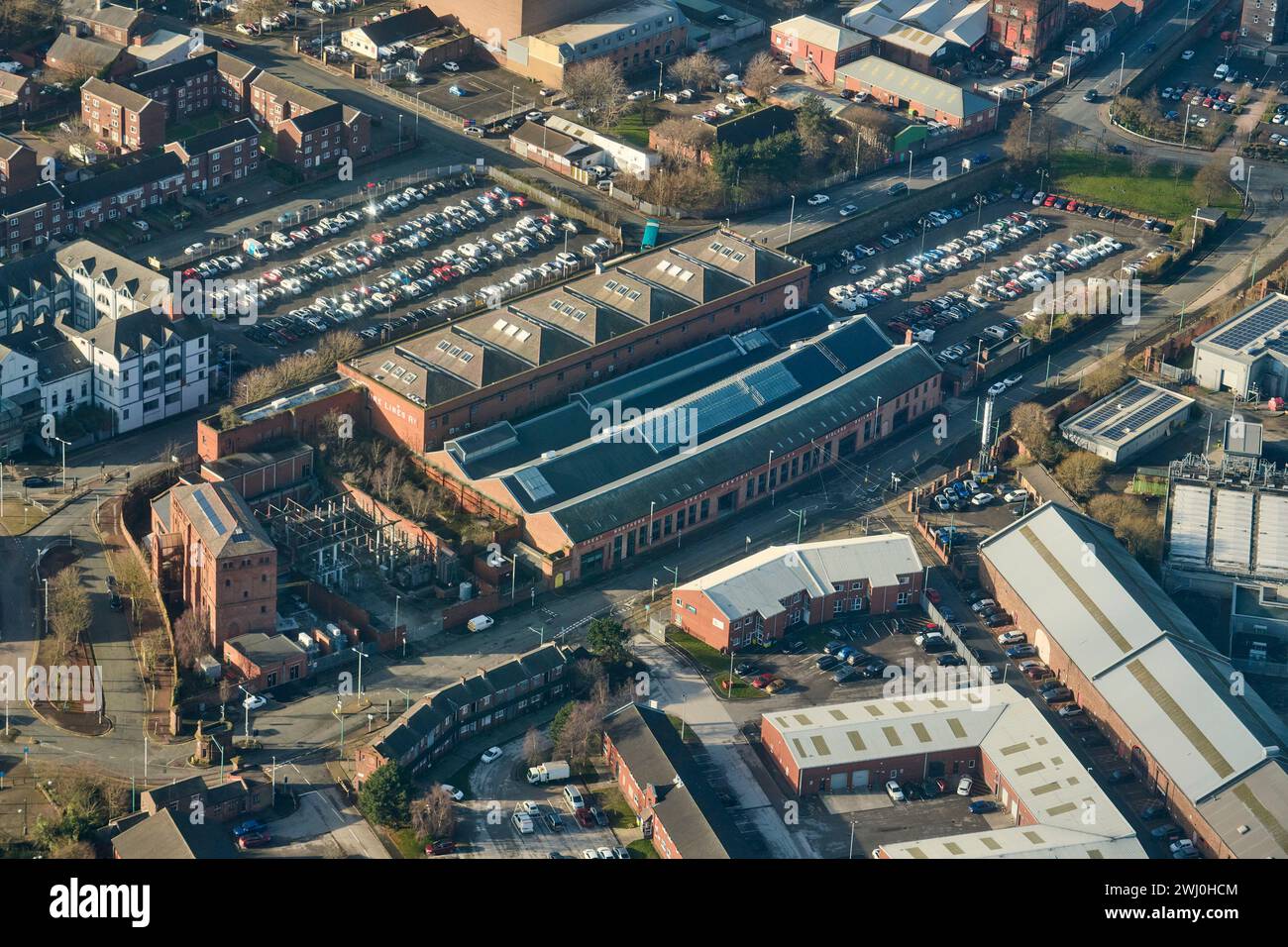The old Cheshire Lines station building, Birkenhead, north west England, Merseyside, UK, from the air. Stock Photo