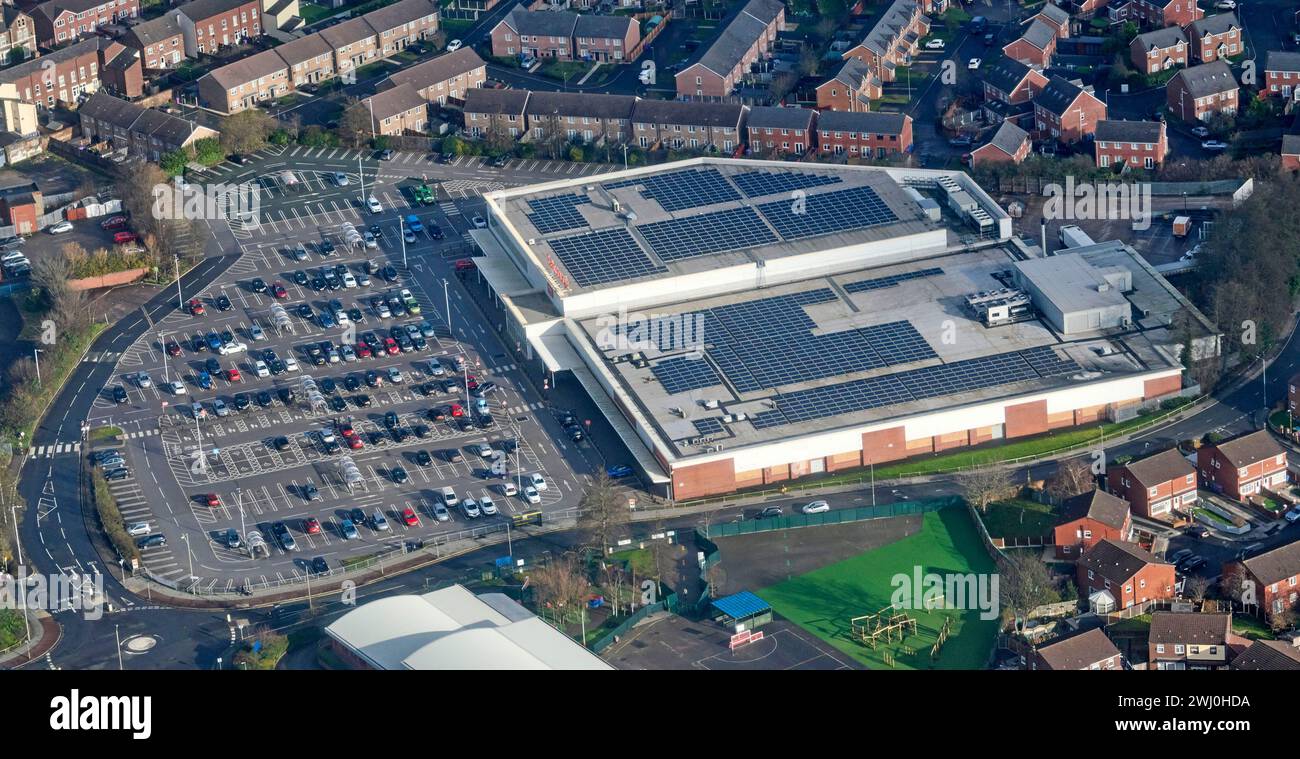 An aerial view of a Sainsbury Supermarket, Bootle, Merseyside, Liverpool, North West England, Uk Stock Photo