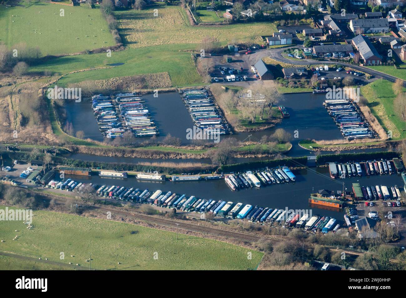 An aerial view of a canalside Marina, Rufford Branch of Leeds Liverpool Canal, north west England, UK Stock Photo