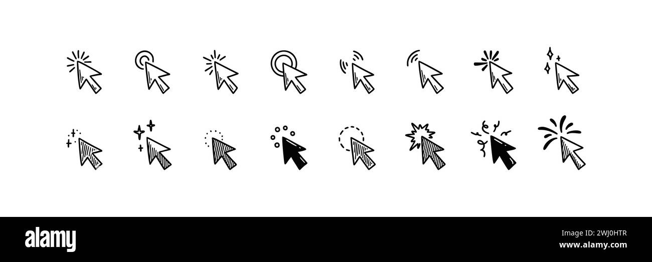 Doodle arrow click icon set. Hand drawn mouse cursor. Press here tap button. Arrow pointer. Sketch vector illustration with manga design elements Stock Vector