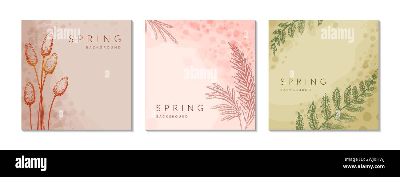 Spring floral watercolor abstract background set. Social media square post template. Spring flower design, greeting card, label, flyer, leaflet, poste Stock Vector