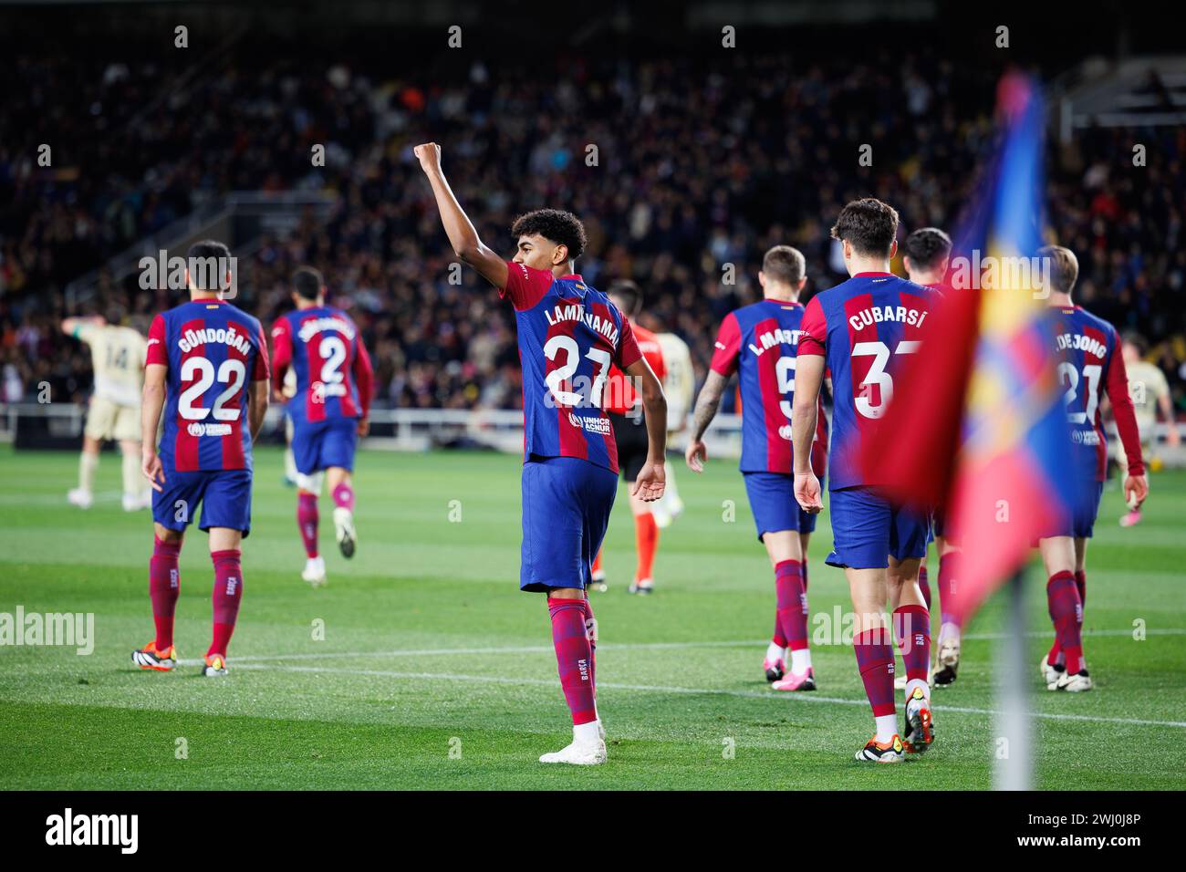 Barcelona, Spain. 11th Feb, 2024. Lamine Yamal celebrates after scoring a goal during the LaLiga EA Sports match between FC Barcelona and Granada CF at the Estadi Olimpic Lluis Companys in Barcelona, Spain. Credit: Christian Bertrand/Alamy Live News Stock Photo