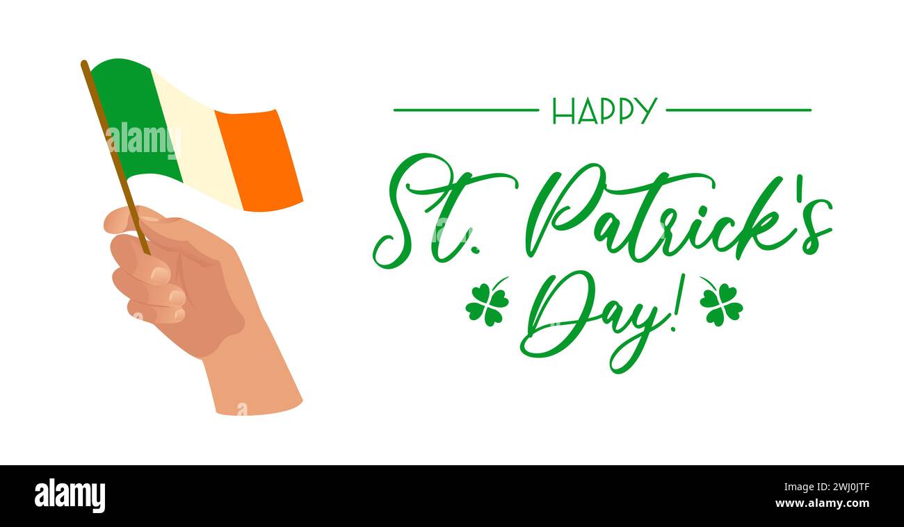 Happy St. Patricks Day horizontal banner. Hand with the flag of Ireland. Four leaf clover, symbol of good luck. Religious traditions. For banner, webs Stock Vector