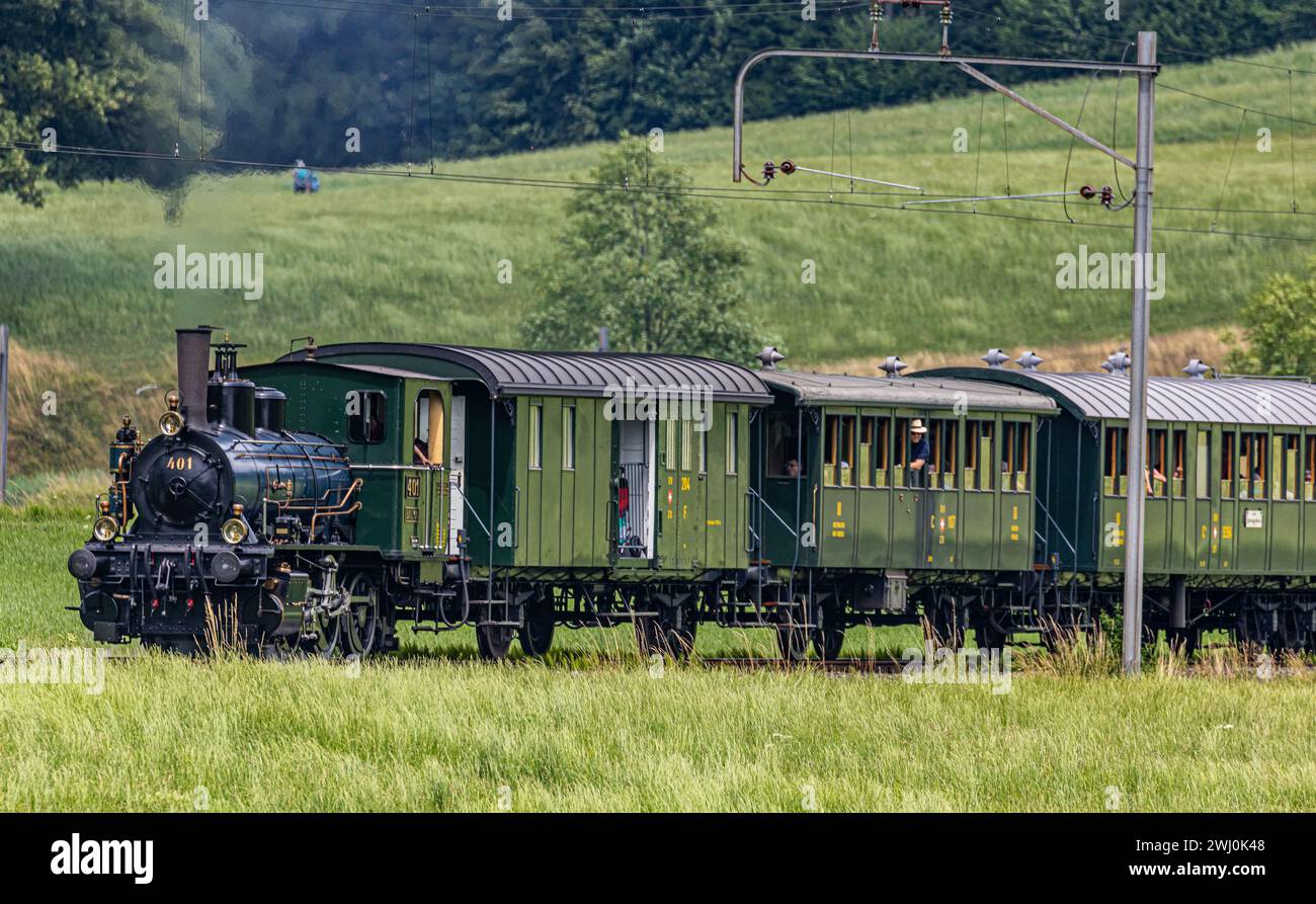 Die Dampflok ED 3/3 401 vom Dampf-Verein Zürcher Oberland fährt von Bauma in Richtung Bäretswil. Die historische Lokomotive wurde 1901 von der Schweiz Stock Photo