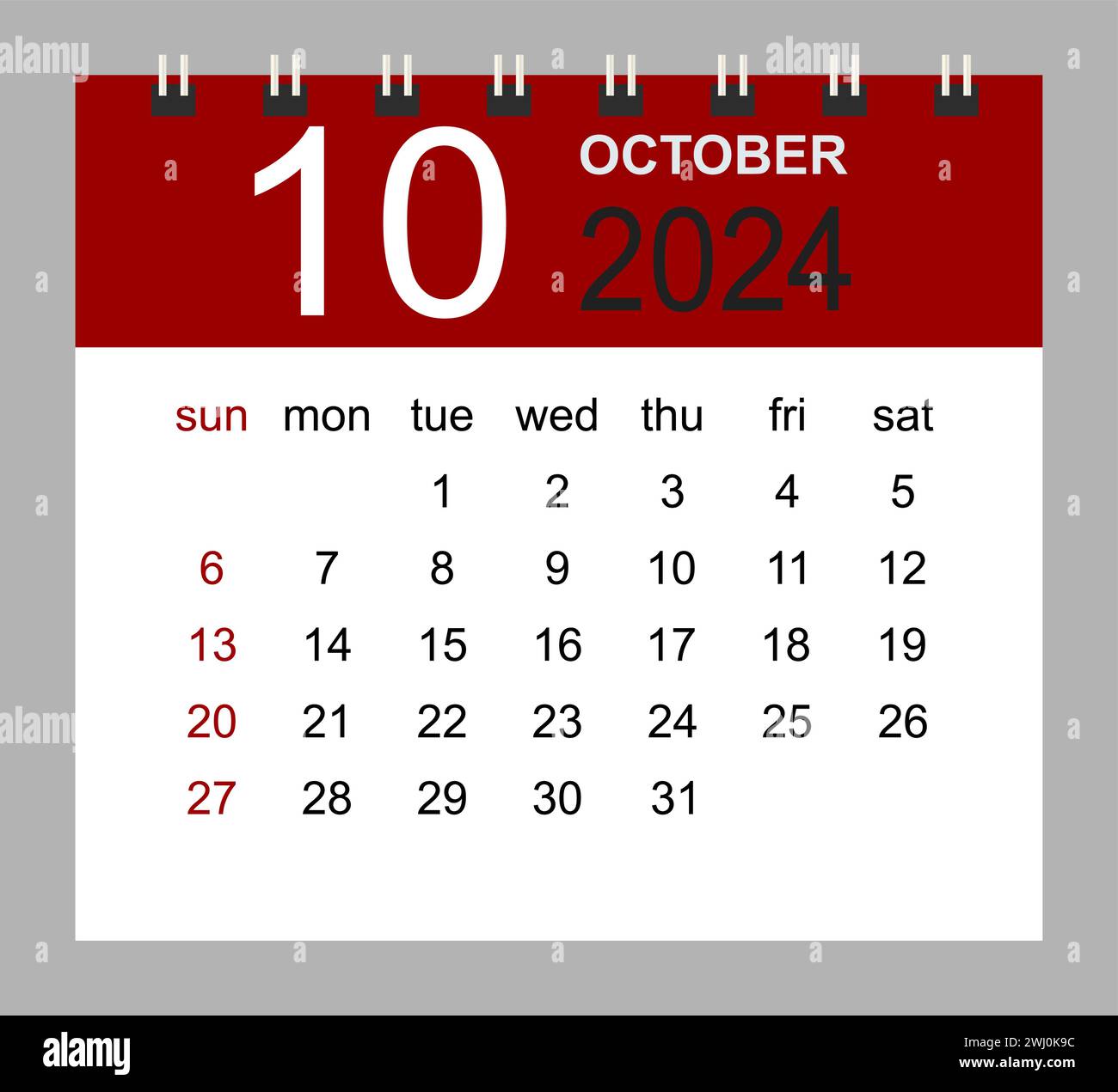 October 2024. Vector monthly calendar template 2024 year in simple ...