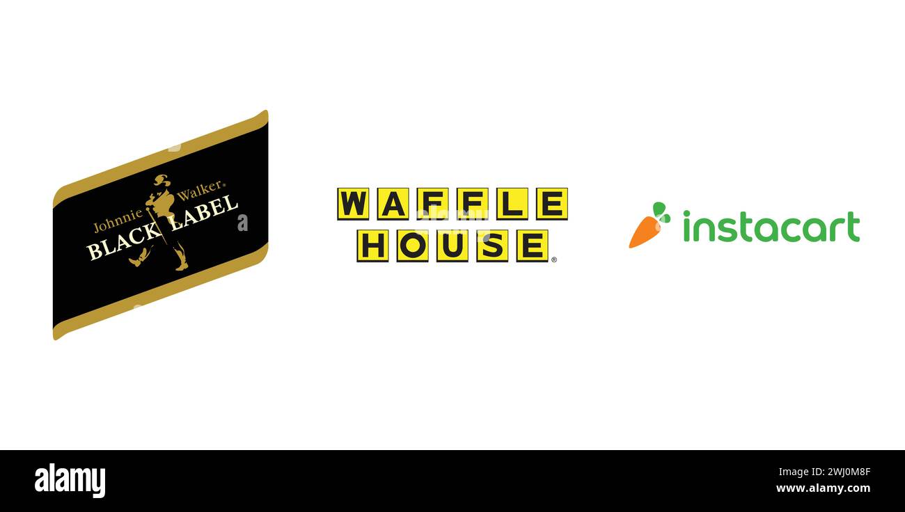 Johnnie Walker Black Label, Waffle House, Instacart. Editorial brand emblem. Stock Vector