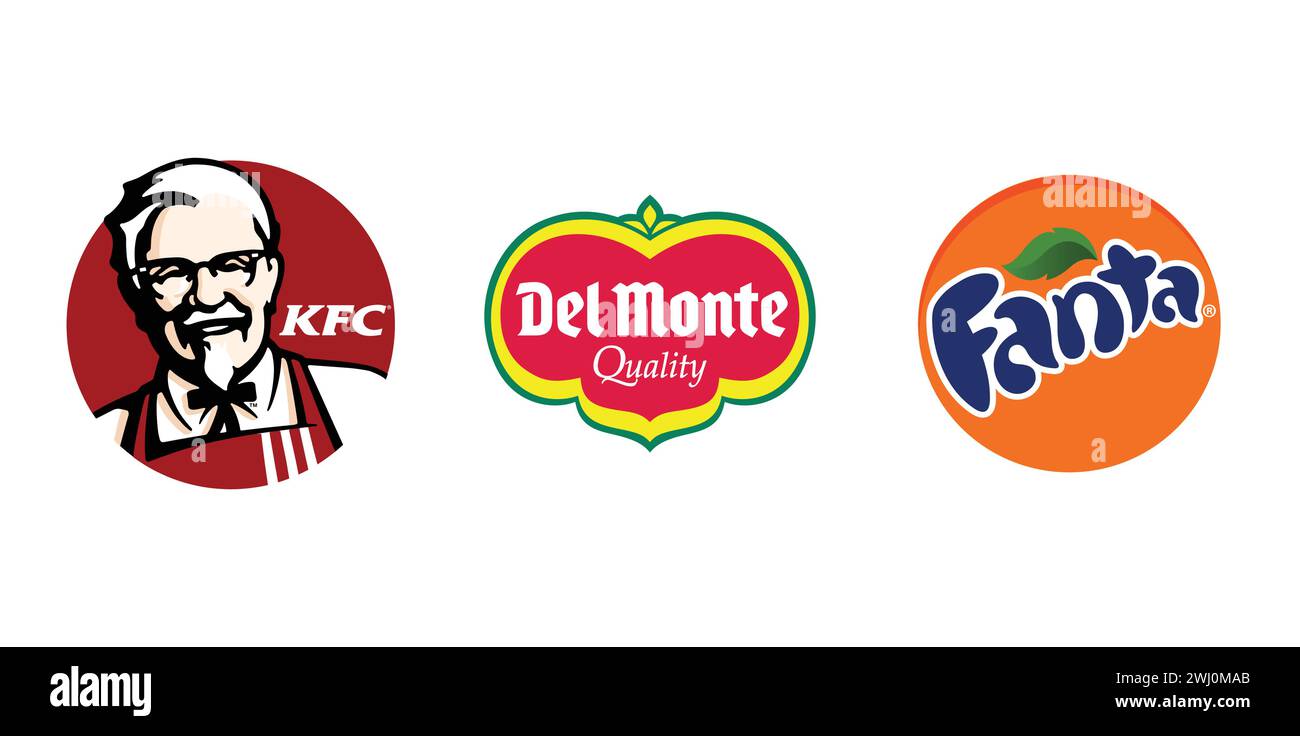 Del Monte, Fanta, KFC. Editorial brand emblem. Stock Vector