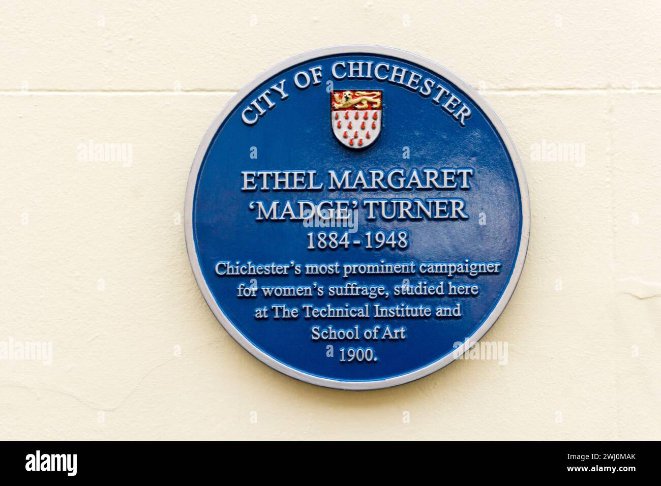 A blue plaque in Chichester commemorates the suffragette Ethel Margaret
