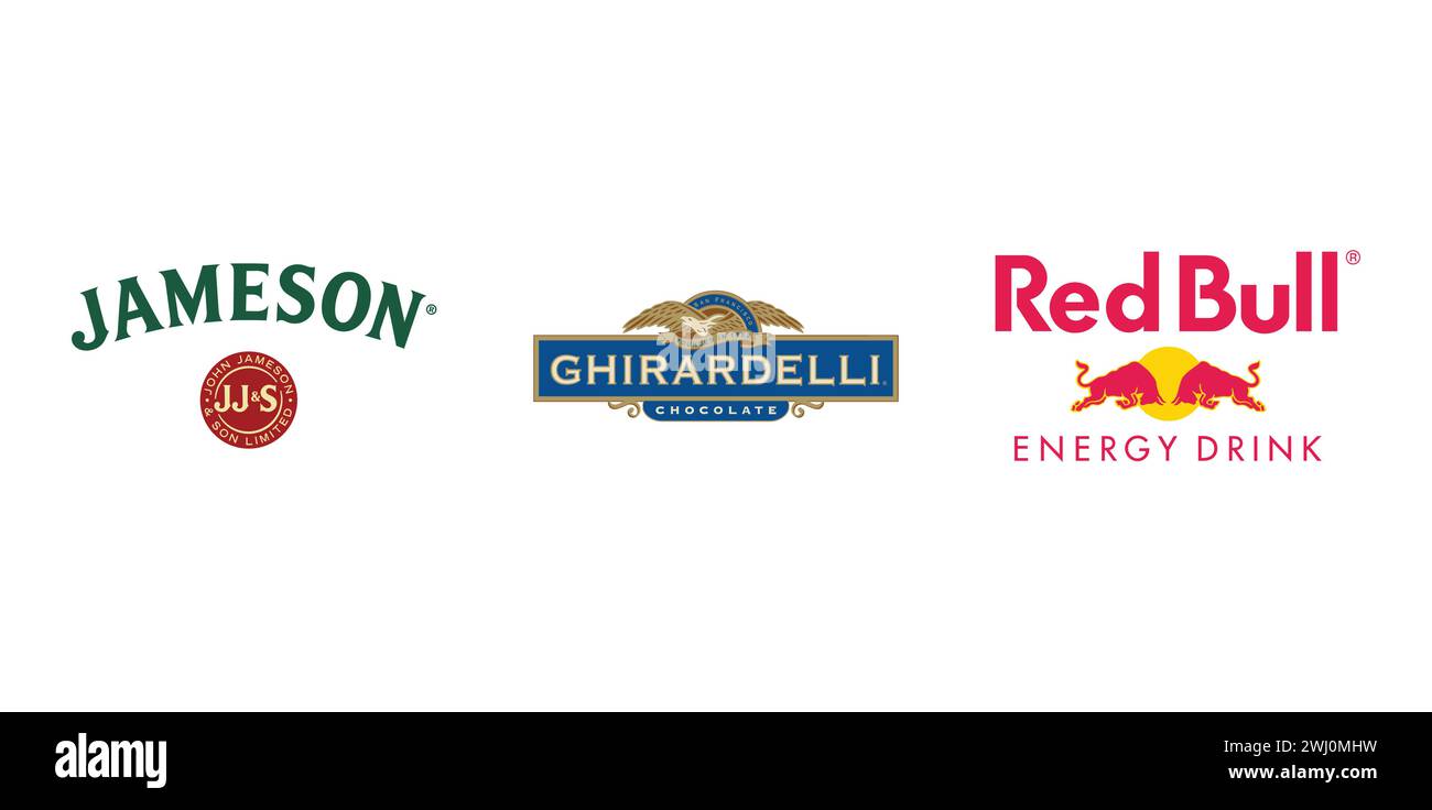 Ghirardelli Chocolate, Jameson, Red Bull. Editorial brand emblem Stock