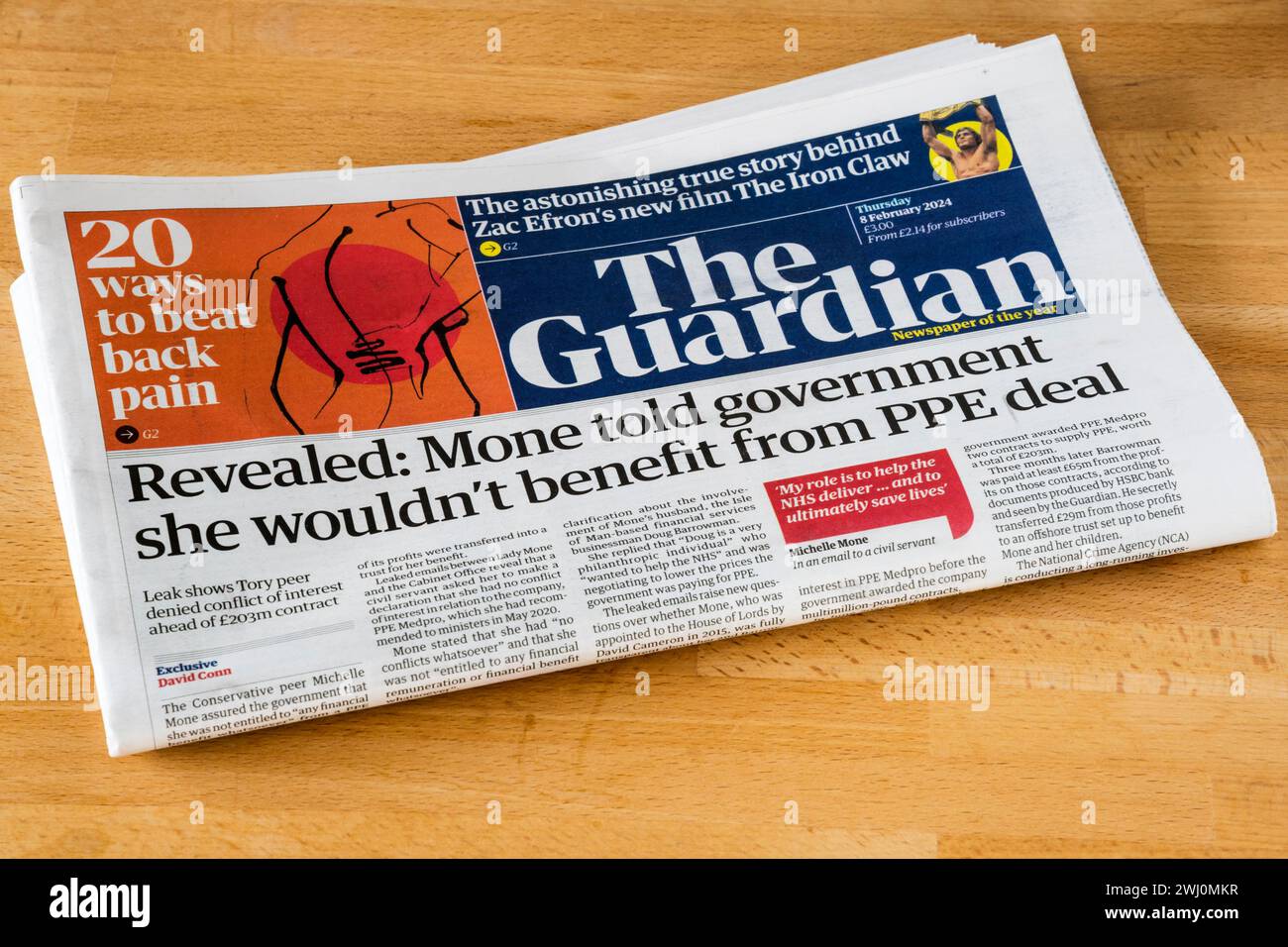 8 February 2024. Guardian headline reads Revealed: Mone told government she wouldn't benefit from PPE deal. Stock Photo