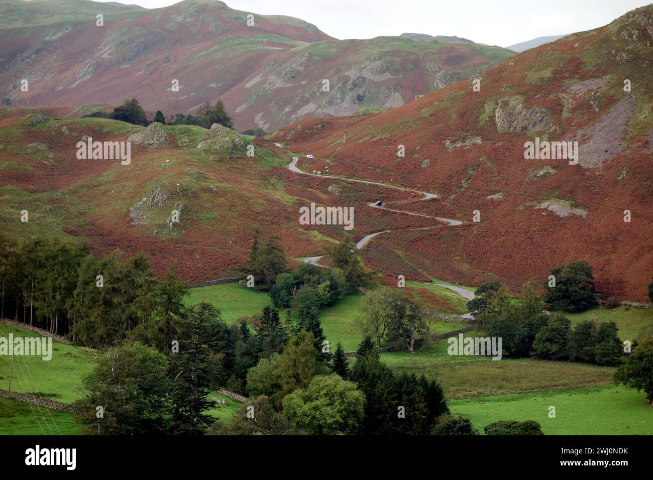 The Coombs Zig Zag Hairpin Bends on the Road to the Church Car Park in Martindale from Howtown,  Lake District National Park, Cumbria, England, UK Stock Photo
