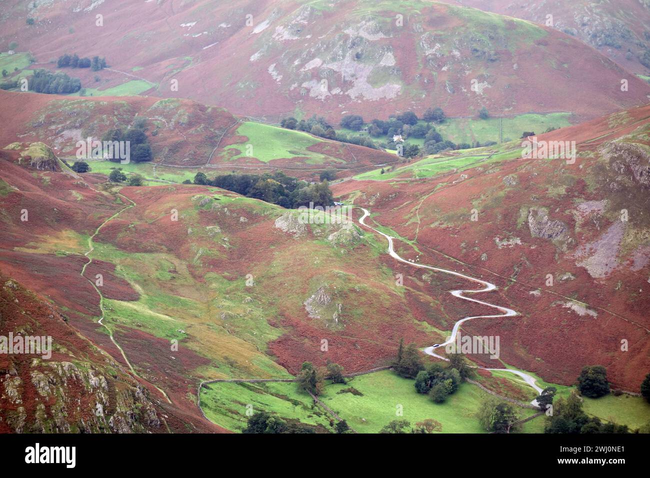 The Coombs Zig Zag Hairpin Bends on the Road to the Church Car Park in Martindale from Howtown,  Lake District National Park, Cumbria, England, UK Stock Photo