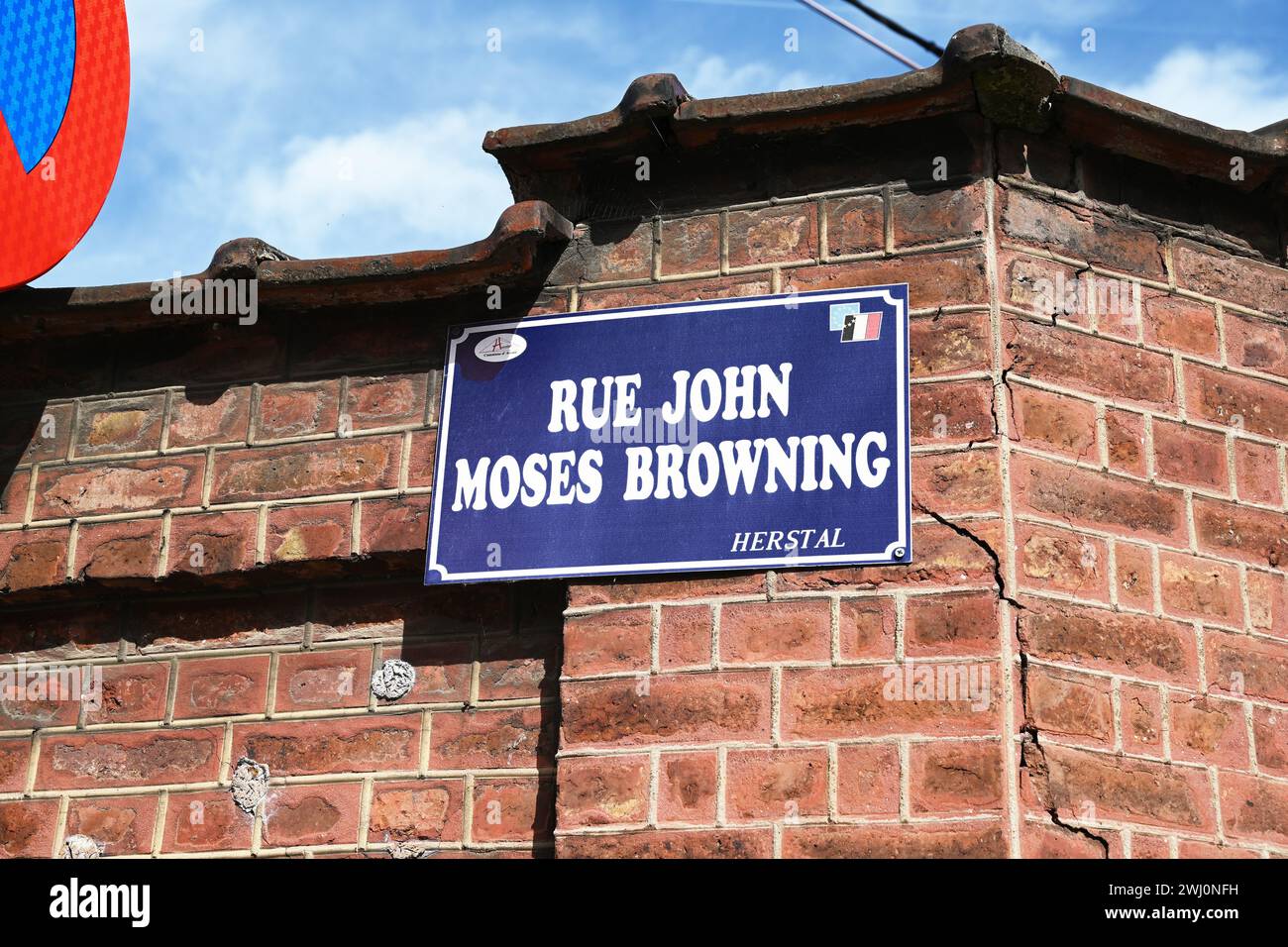 Street sign: Rue John Moses Browning Stock Photo