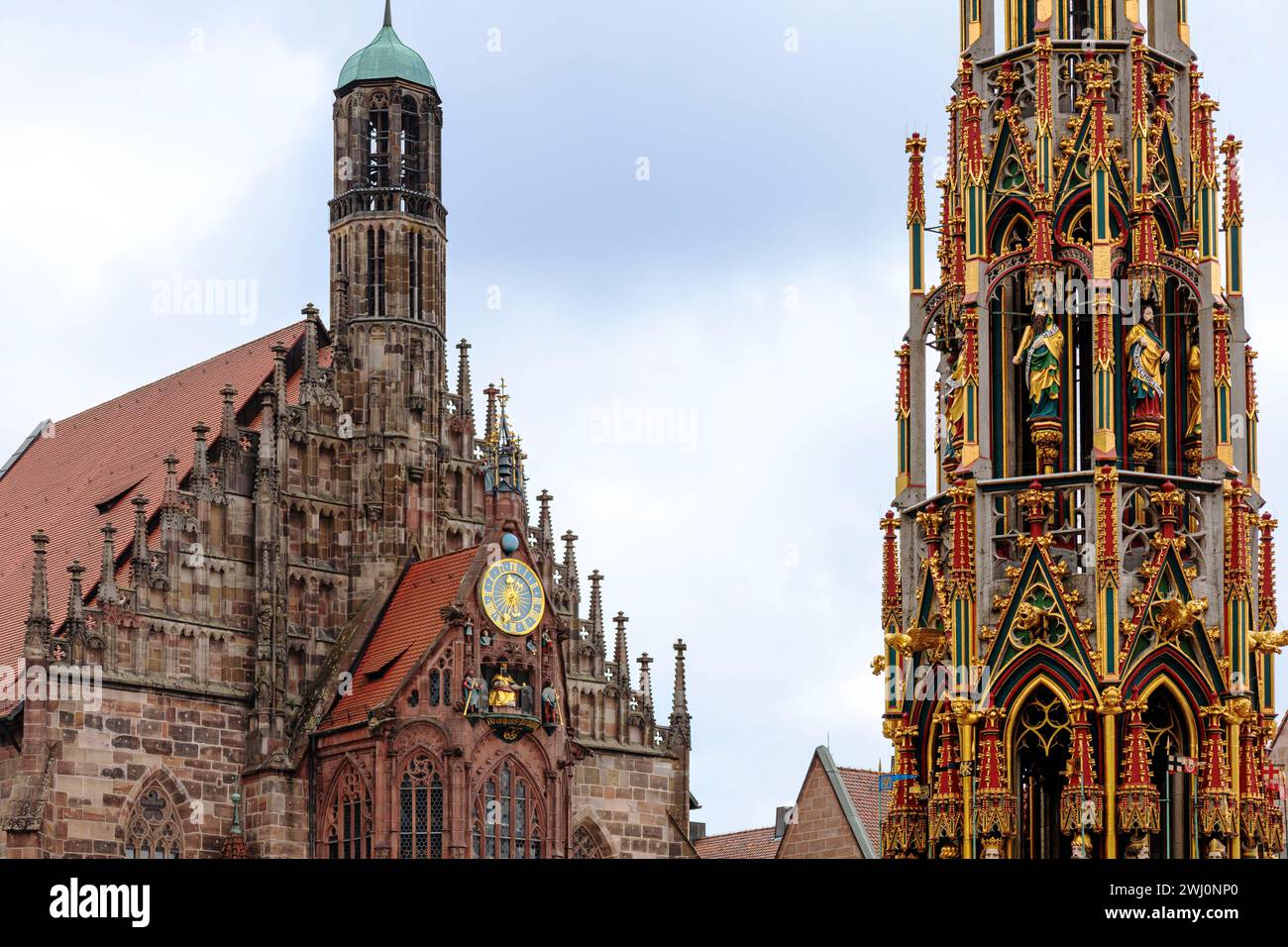 Nuremberg Old Town,  Church of the Lady and Beautiful Fountain, details Stock Photo