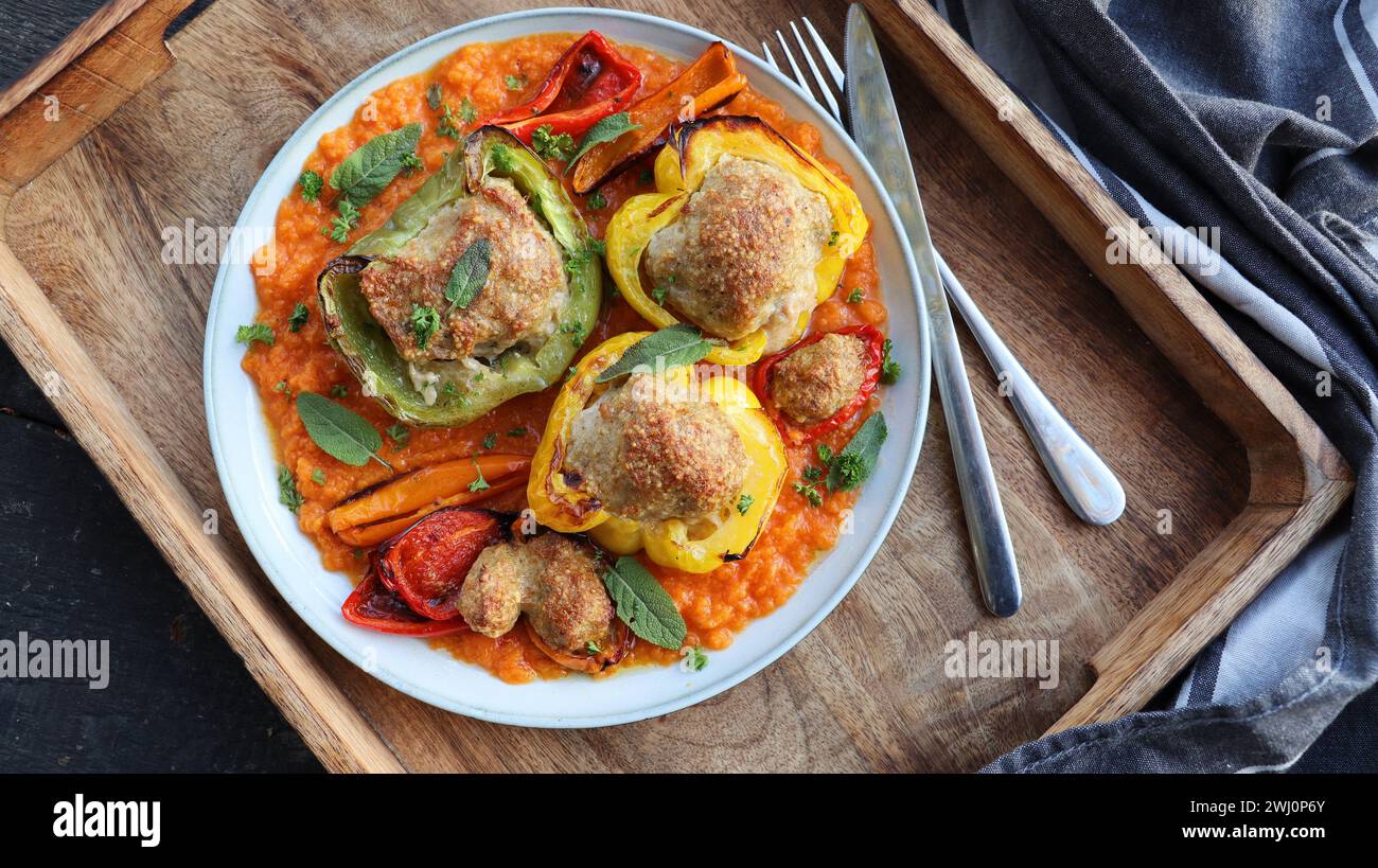 Stuffed bell peppers with couscous and beef meat. Top view Stock Photo