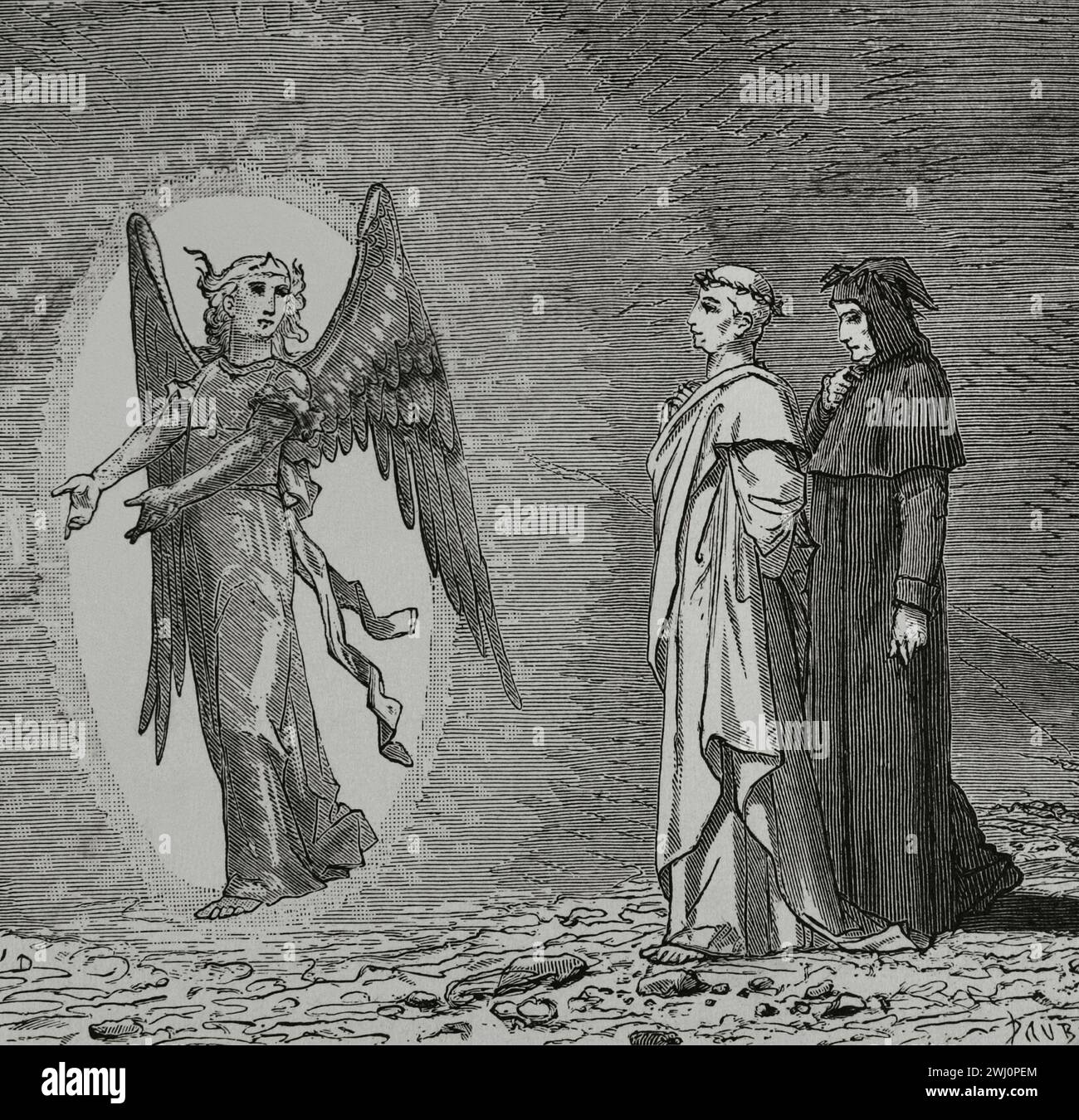 The Divine Comedy (1307-1321). Italian narrative poem by the Italian poet Dante Alighieri (1265-1321). Purgatory. 'When we had reached the blessed Angel...' Illustration by Yann Dargent (1824-1899). Engraving. Published in Paris, 1888. Stock Photo