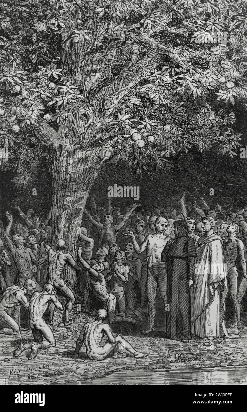 The Divine Comedy (1307-1321). Italian narrative poem by the Italian poet Dante Alighieri (1265-1321). Purgatory. 'The gluttonous souls crying out beneath the tree...' Illustration by Yann Dargent (1824-1899). Engraving by Navellier & L. Marie. Published in Paris, 1888. Stock Photo