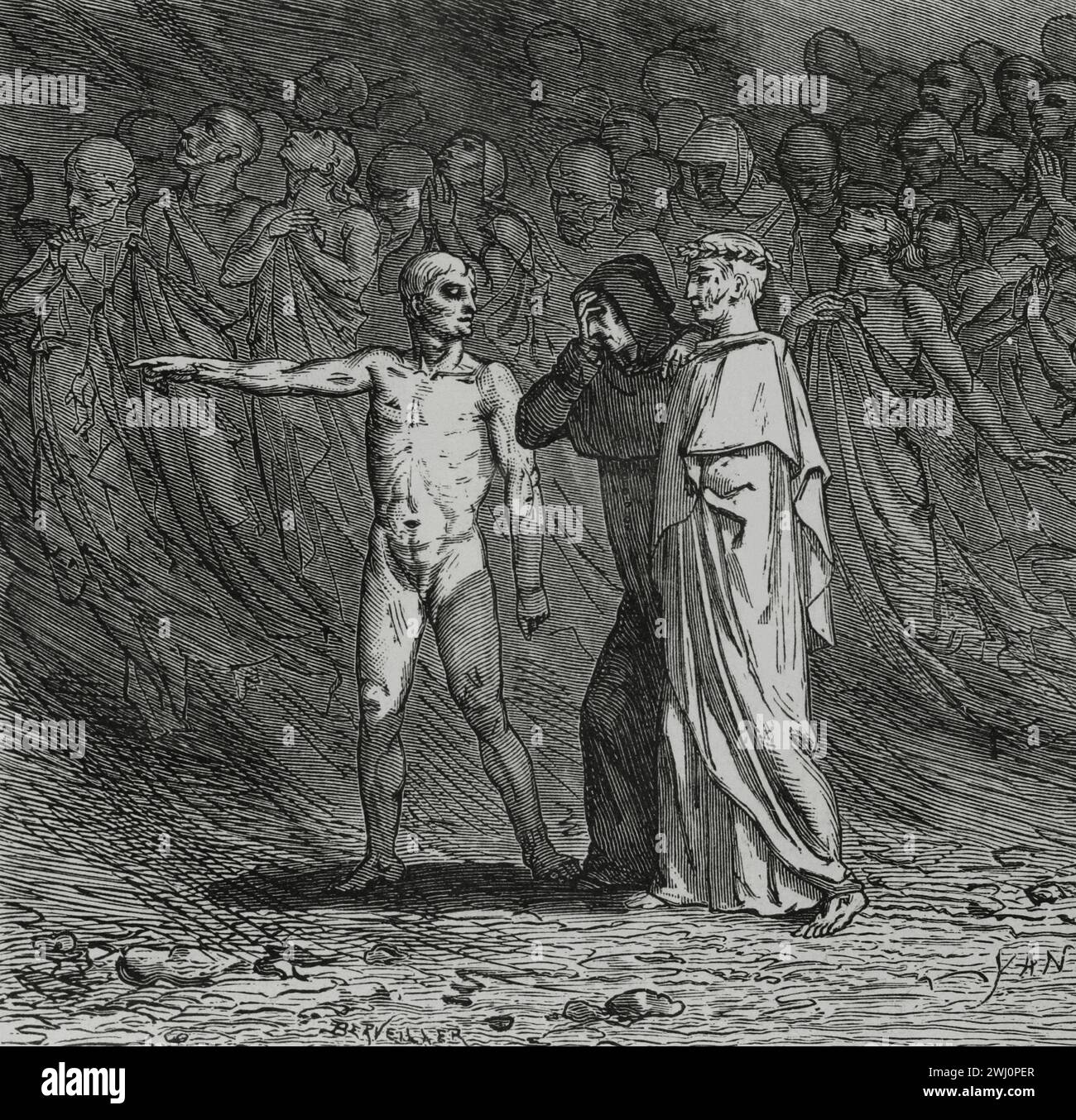 The Divine Comedy (1307-1321). Italian narrative poem by the Italian poet Dante Alighieri (1265-1321). Purgatory. 'So moved I through that foul and acrid air...' Illustration by Yann Dargent (1824-1899). Engraving by Berveiller. Published in Paris, 1888. Stock Photo