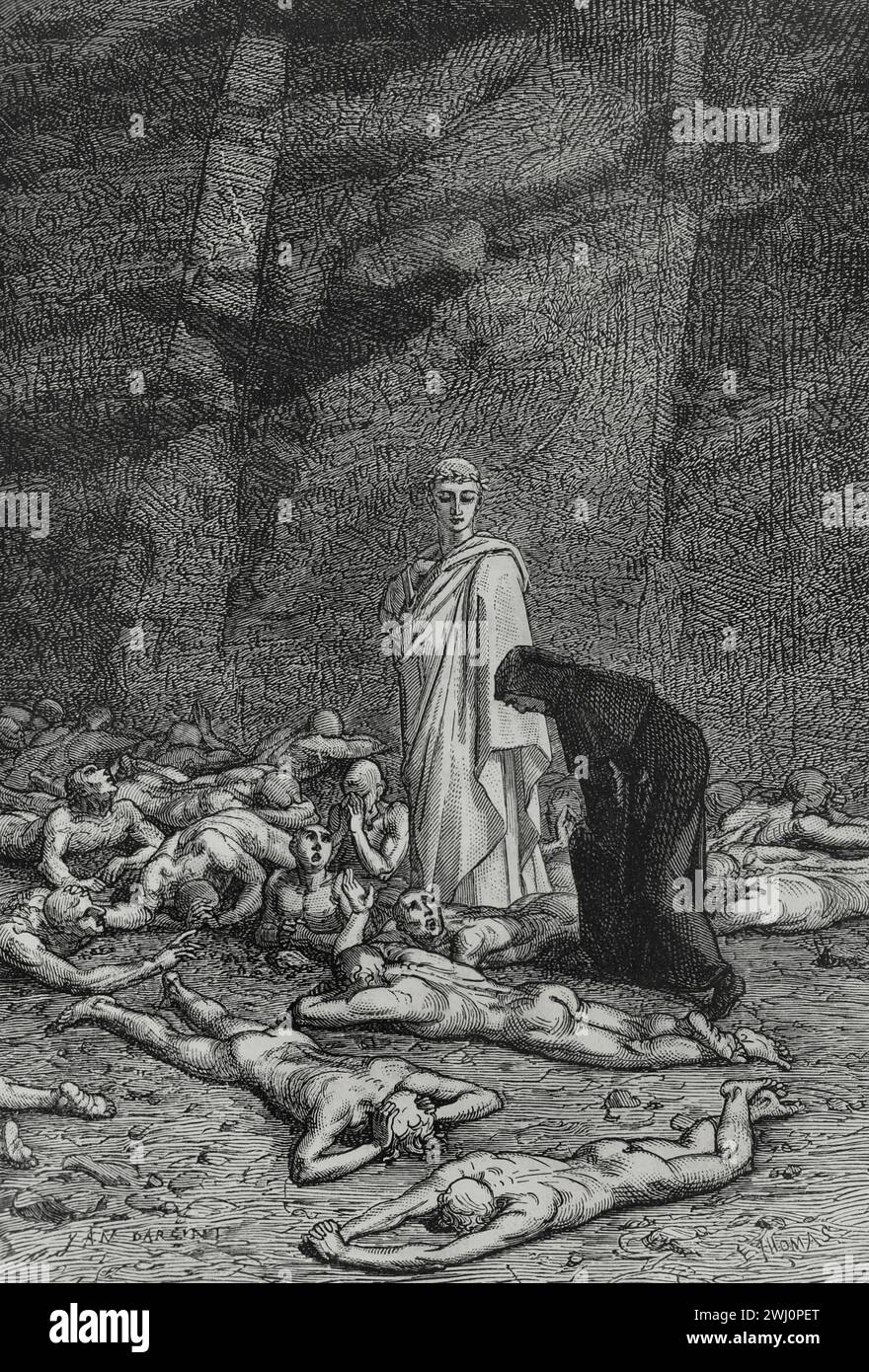 The Divine Comedy (1307-1321). Italian narrative poem by the Italian poet Dante Alighieri (1265-1321). Purgatory. 'What is it about you that you only look down at the ground?...' Illustration by Yann Dargent (1824-1899). Engraving. Published in Paris, 1888. Stock Photo