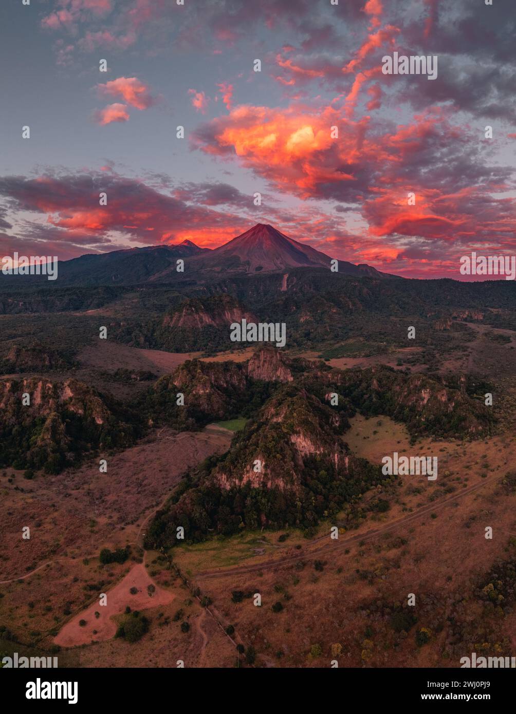 A sunset view of the majestic Colima Volcano, located in Mexico Stock ...
