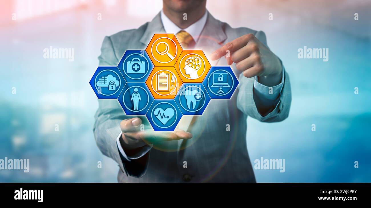 Unrecognizable health care administrator using artificial intelligence to analyse medical record keeping. Information technology and healthcare metaph Stock Photo