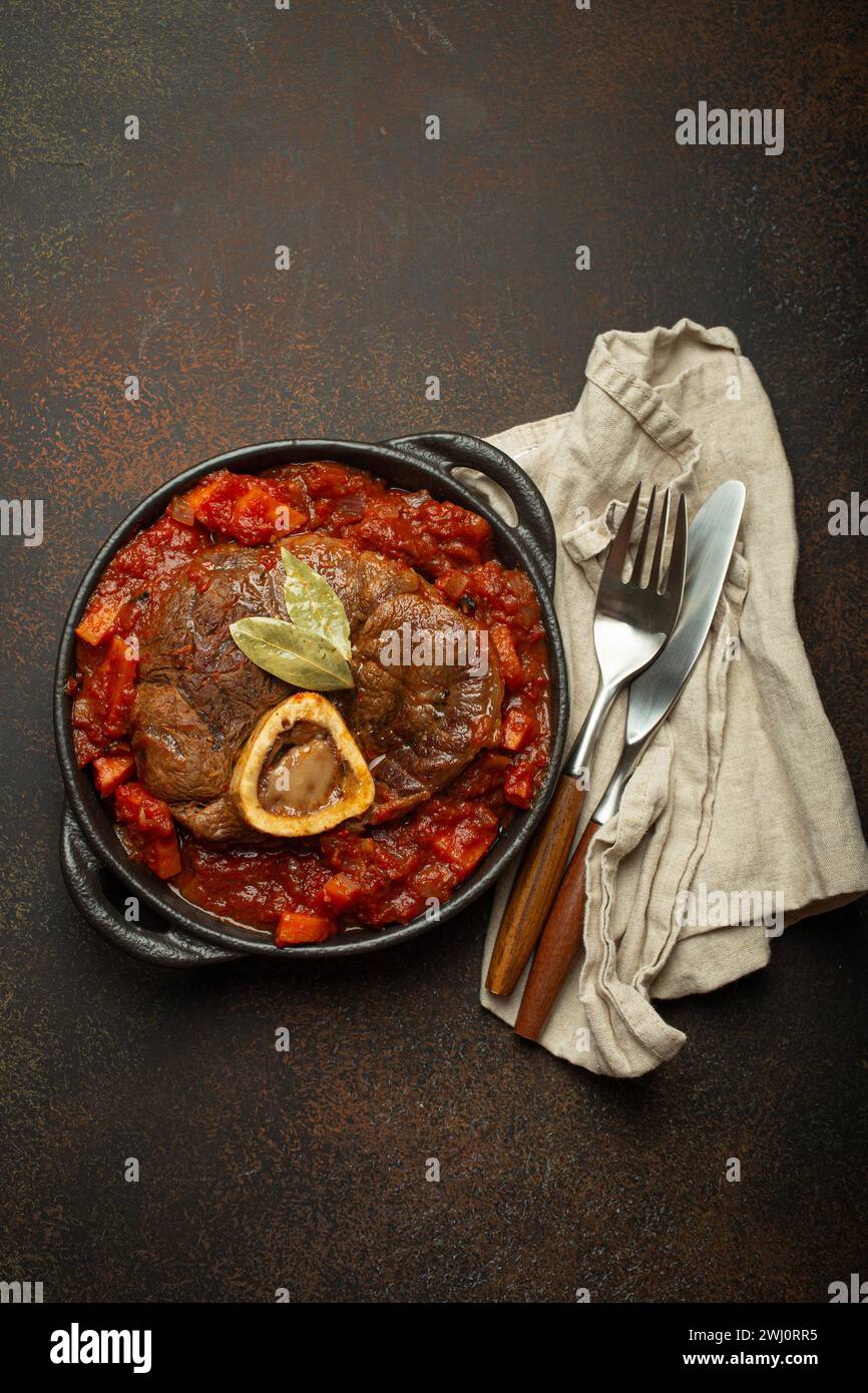 Traditional Italian dish Ossobuco all Milanese made with cut veal shank meat with vegetable