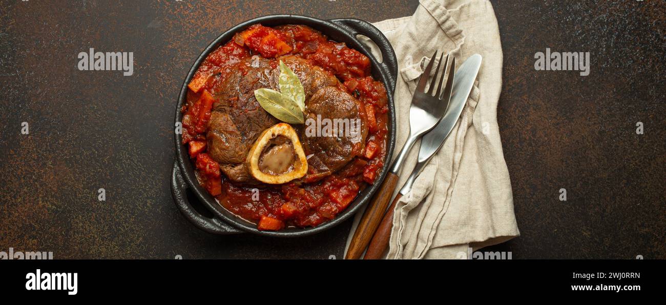 Traditional Italian dish Ossobuco all Milanese made with cut veal shank meat with vegetable