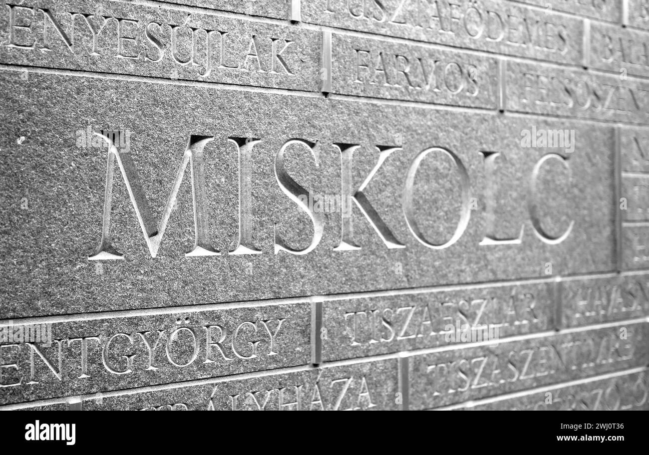 Hungarian place names, including Miskolc, Memorial of National Unity, commemorating the Treaty of Trianon, Alkotmany Street, Budapest, Hungary Stock Photo