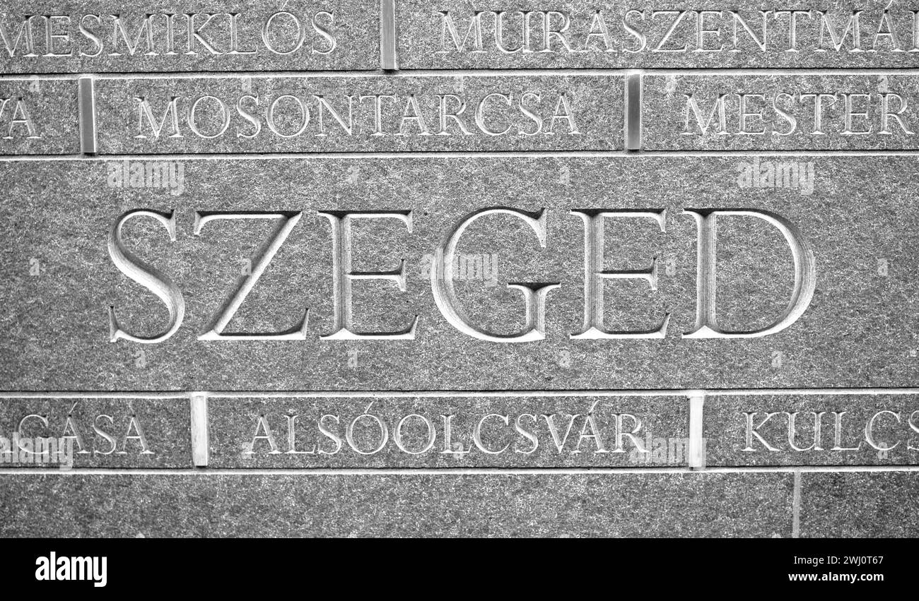 Hungarian place names, including Szeged, Memorial of National Unity, commemorating the Treaty of Trianon, Alkotmany Street, Budapest, Hungary Stock Photo