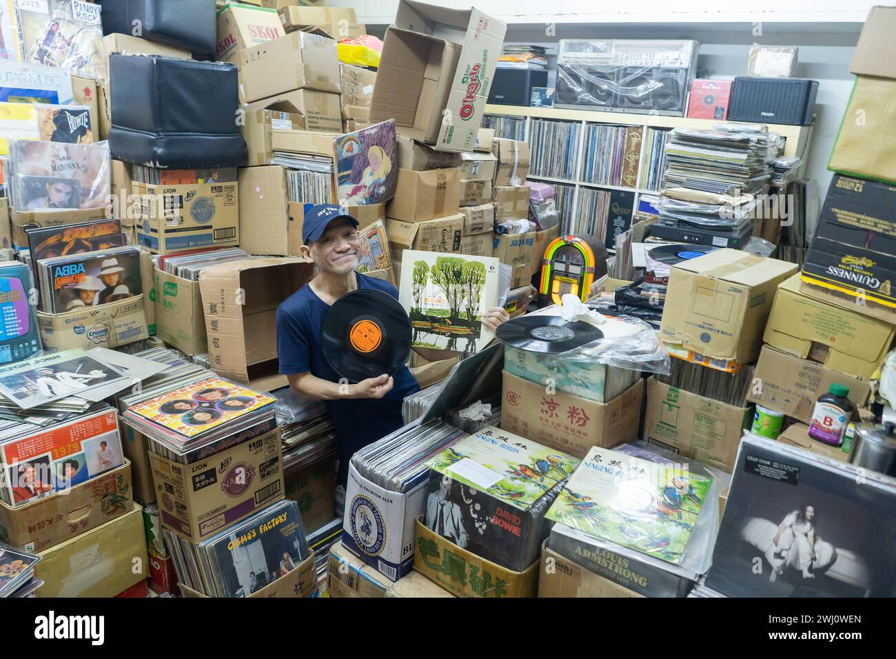 Hong Kong December 2023, Kowloon, Sham Shui Po, Vinyls seller Stock Photo