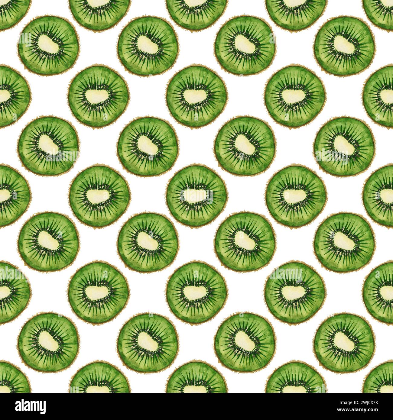 Watercolor seamless pattern. Kiwi fruit, green kiwi circles drawn in