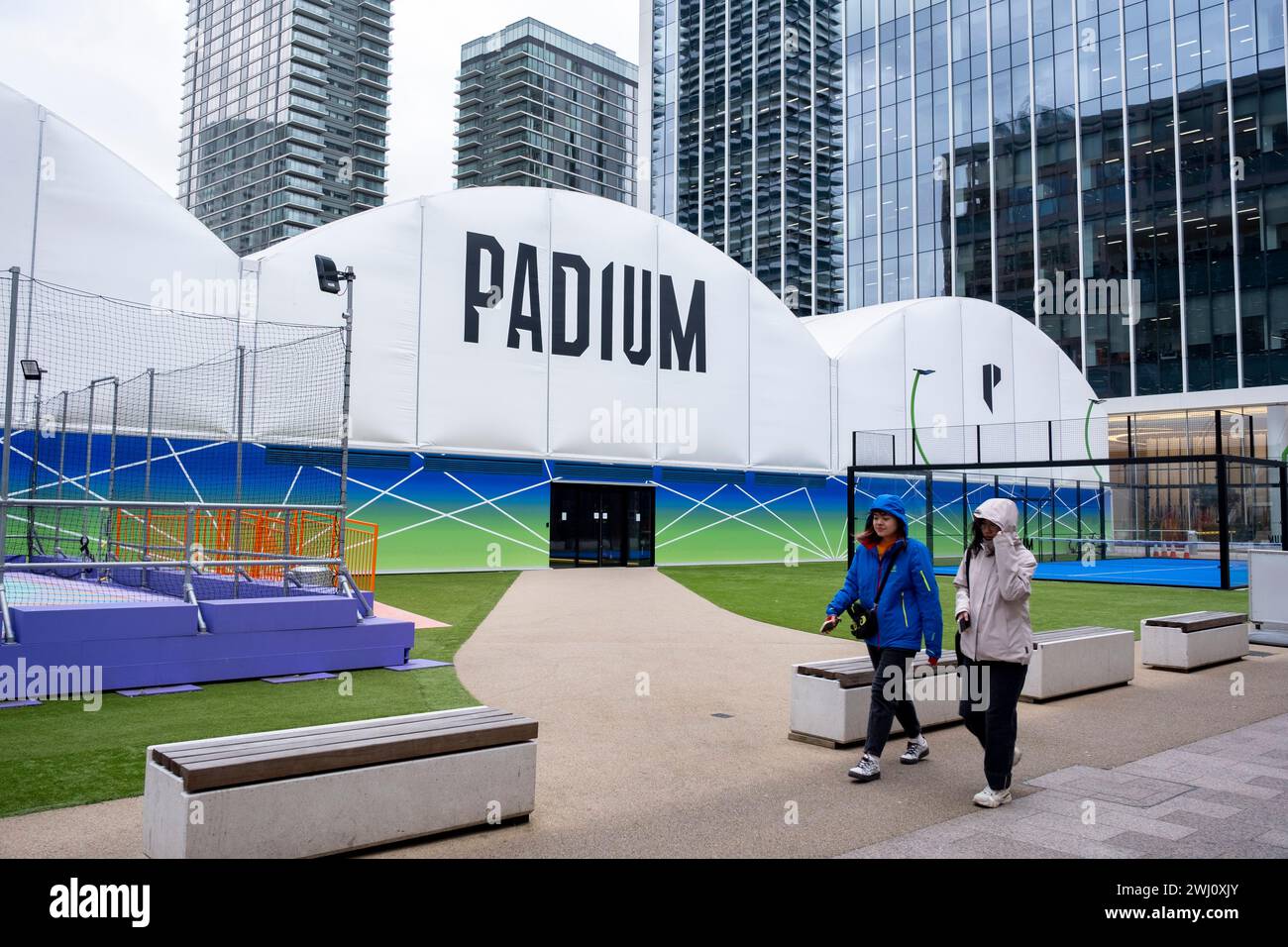 Padel tennis club Padium  at the heart of Canary Wharf financial district on 6th February 2024 in London, United Kingdom. Canary Wharf is an area located near the Isle of Dogs in the London Borough of Tower Hamlets and is defined by the Greater London Authority as being part of Londons central business district. Along with the City of London, it constitutes one of the main financial centres in the United Kingdom and the world, containing many high-rise buildings including the third-tallest in the UK, One Canada Square. Stock Photo
