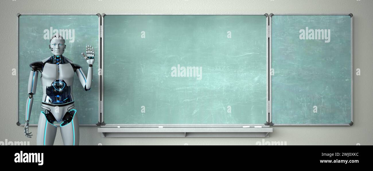Humanoid Robot Chalkboard Teacher Stock Photo