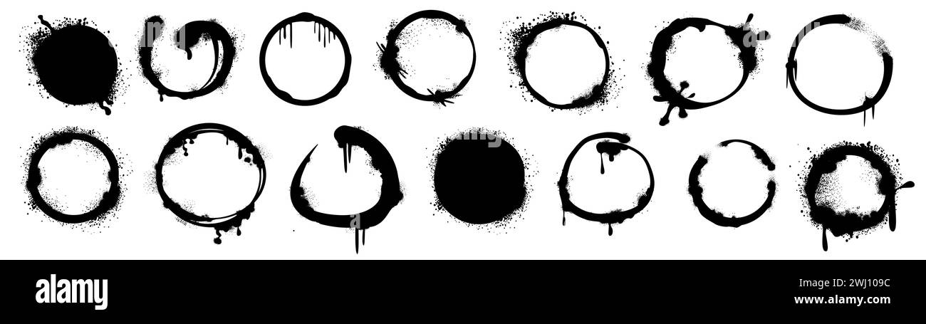 Spray paint black circles with drips, blots and ink splatters in street style. Vector set of urban graffiti round, sprayed ring design element or inky circular border isolated on white background. Stock Vector