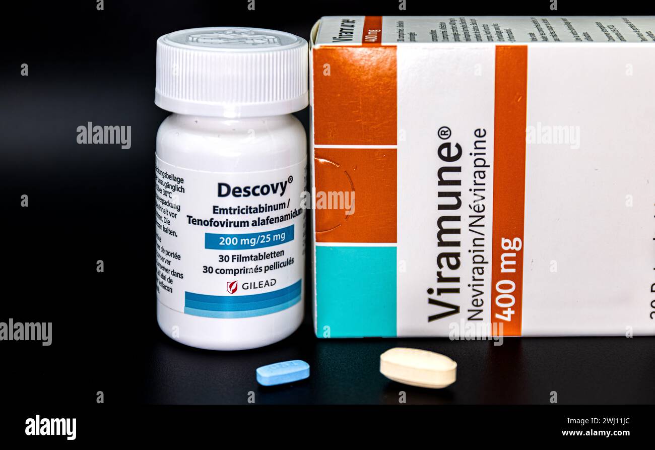 Viramune und Descovy stellen heute eine normale Antiretrovirale Kombinationstherapie bei Personen welche sich mit HIV infiziert haben, oder an AIDS er Stock Photo