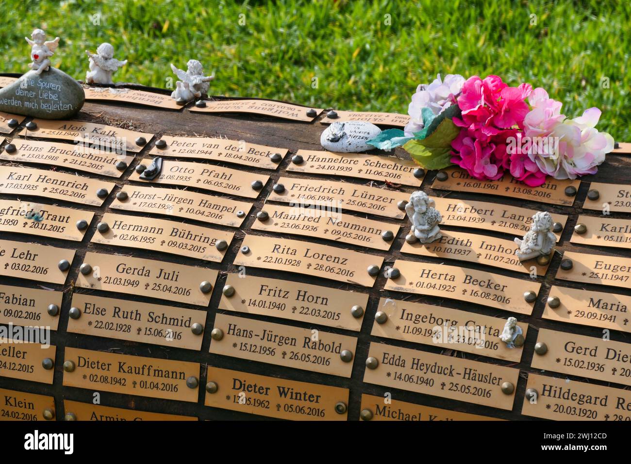 Grave field with name plaques on trees of remembrance Stock Photo Alamy