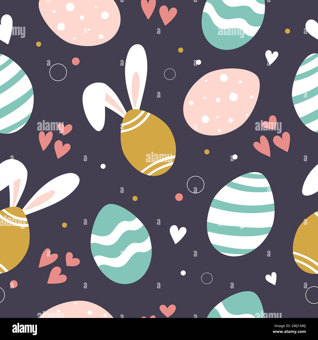 Cute handdrawn Easter pattern with eggs and bunny ears. Seamless vector design. Stock Vector