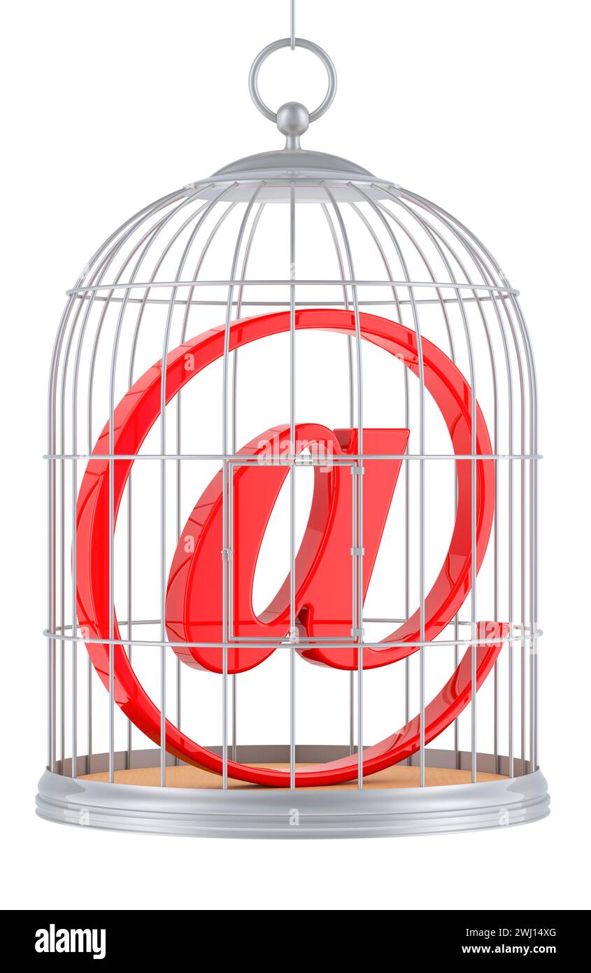 Birdcage with e-mail symbol, at sign inside, 3D rendering isolated on ...