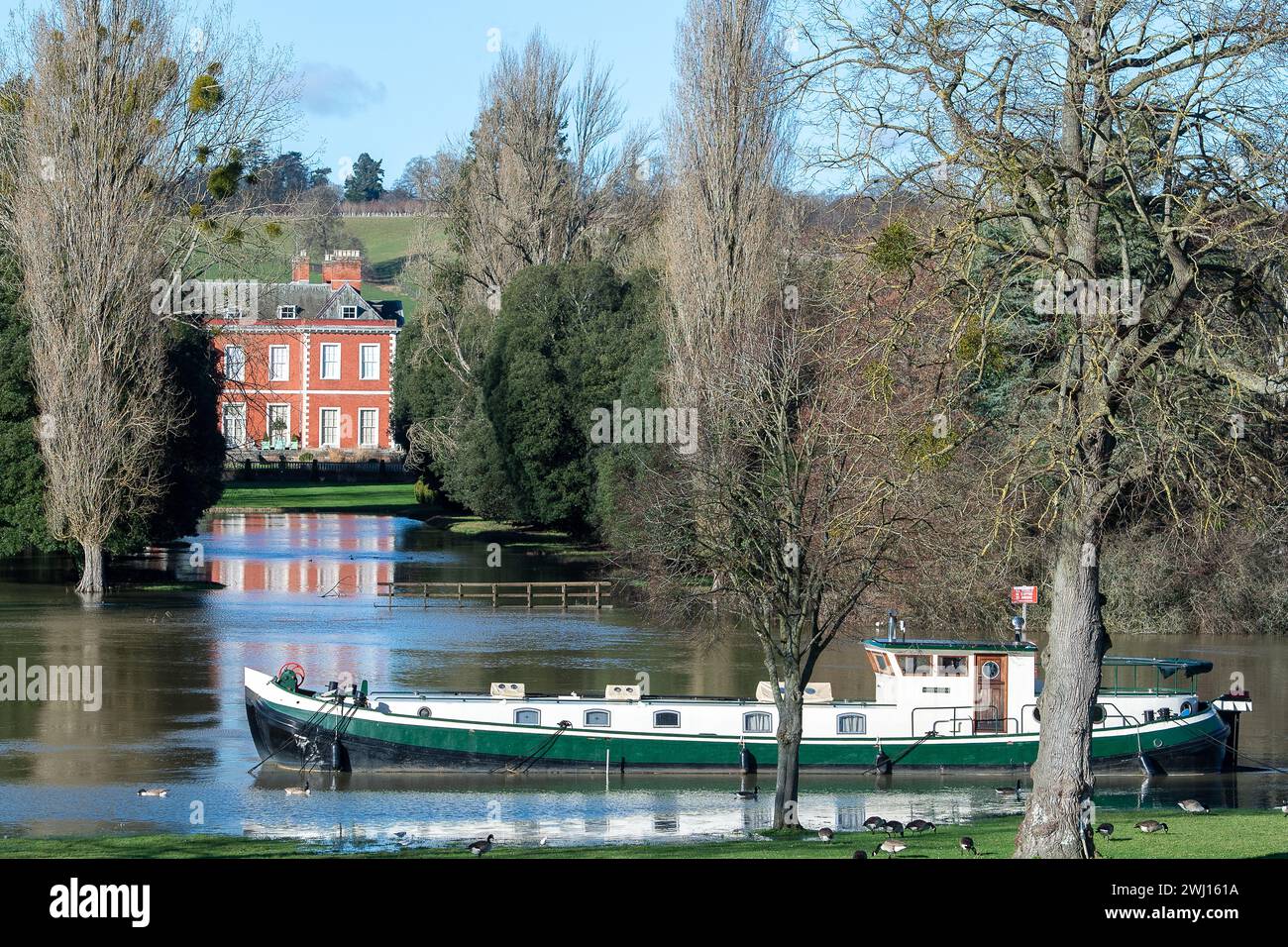 The River Thames has burst its banks at Henley on Thames in Oxfordshire. A Flood Warning is in place for the River Thames for Henley, Remenham and Medmenham. Property flooding is expected and river levels are expected to continue to rise Stock Photo