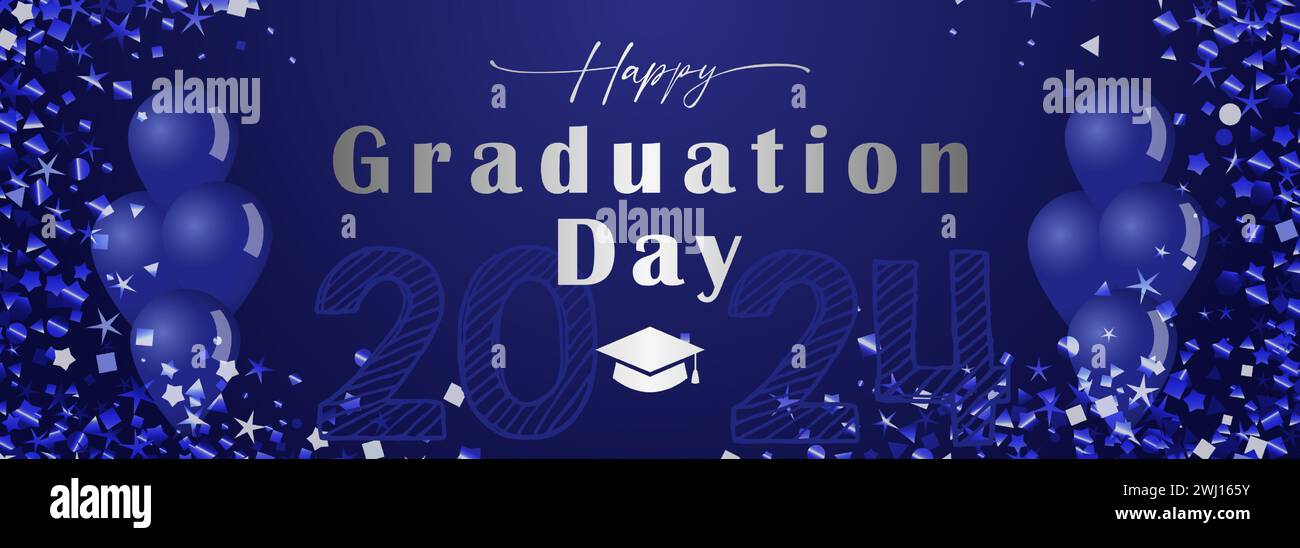 Happy Graduation Day decorative banner with 3D elements. Class of 2024 school wallpaper. Prom decoration. Holiday blue background  glittering frame Stock Vector