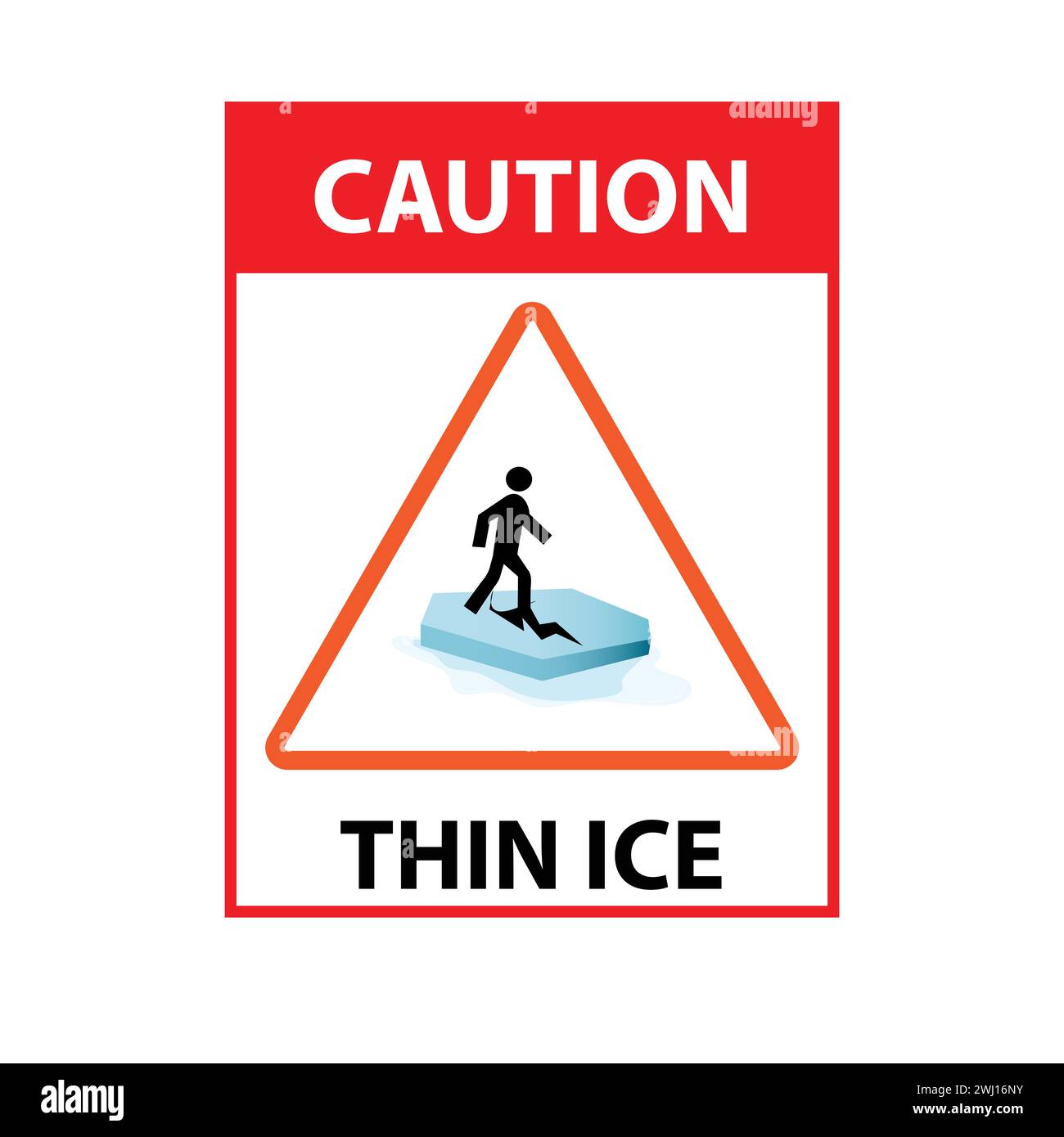 Silhouette of a person on a cracked ice floe with the text caution thin ice Stock Vector