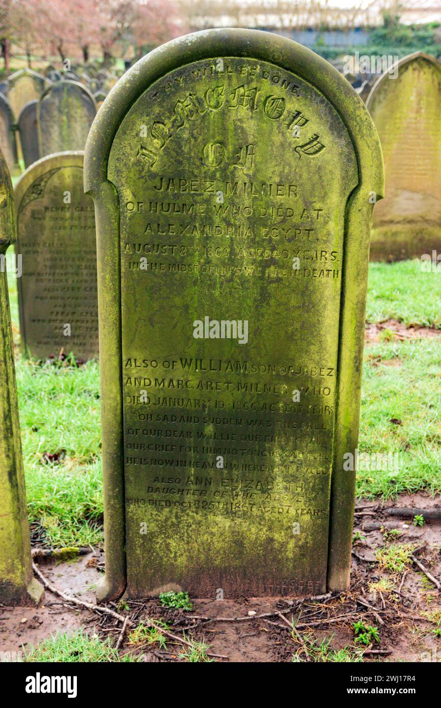Grave of Jabez Milner, who died in Alexandria, Egypt. Weaste Cemetery, Salford. Stock Photo