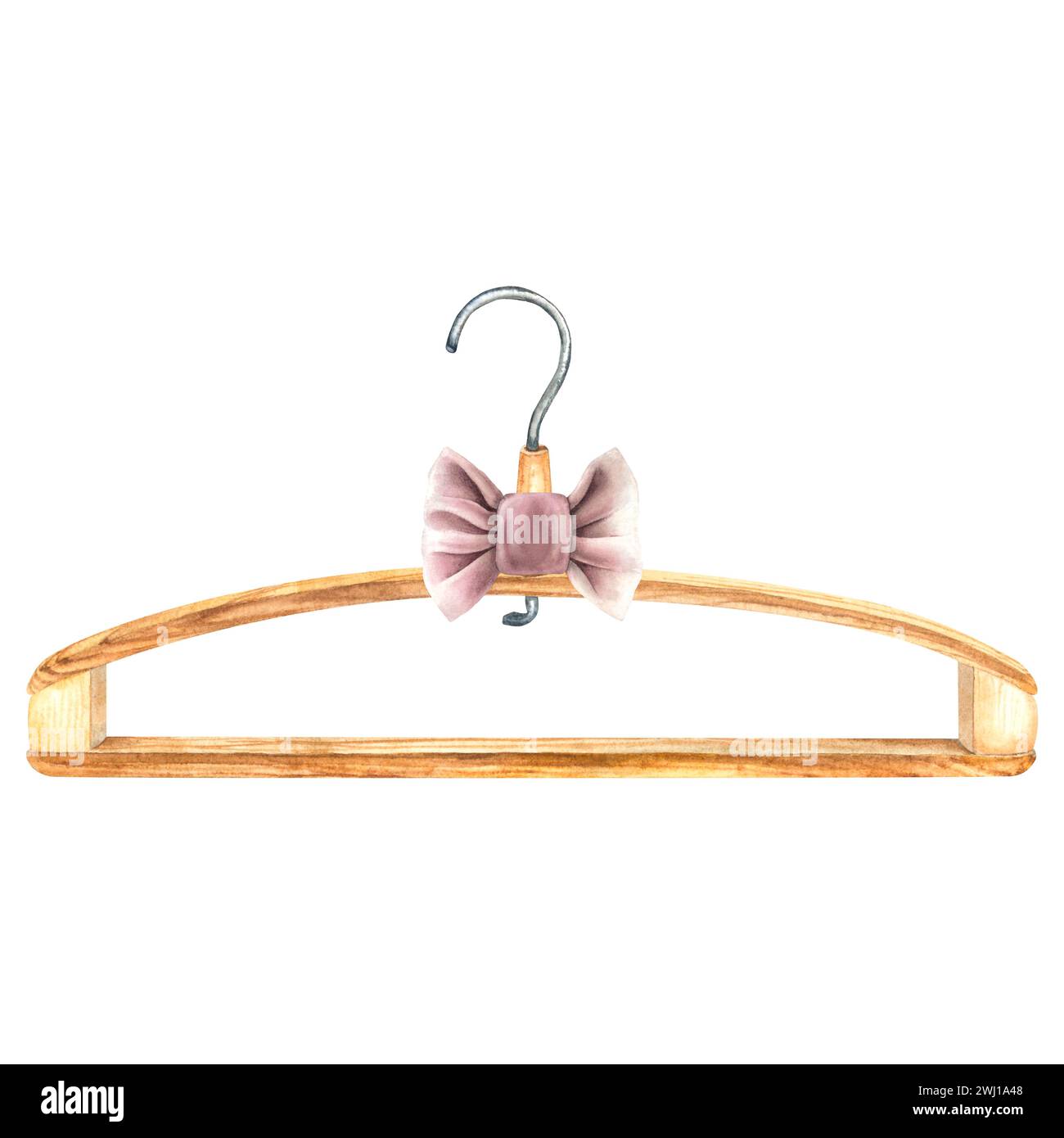 Wooden clothes hanger with dusty pink bow. Wood accessory storing apparel in wardrobe. Storage rack of triangle shape. Hand drawn watercolor Stock Photo