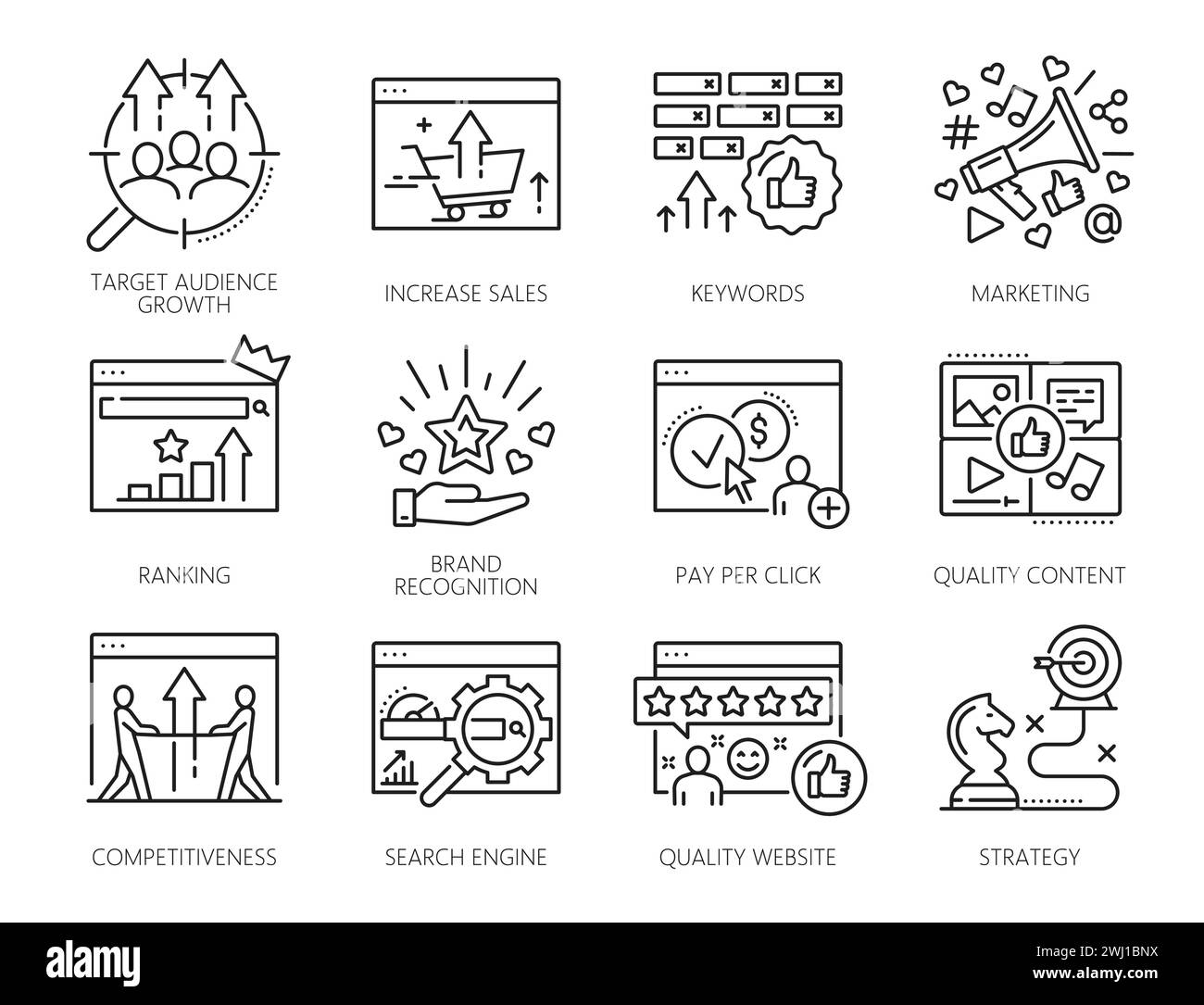 SEM, search engine marketing icons of vector web marketing. Website pages and browser screens with rank, strategy, keywords research and analysis, backlink, pay per click and quality content symbols Stock Vector